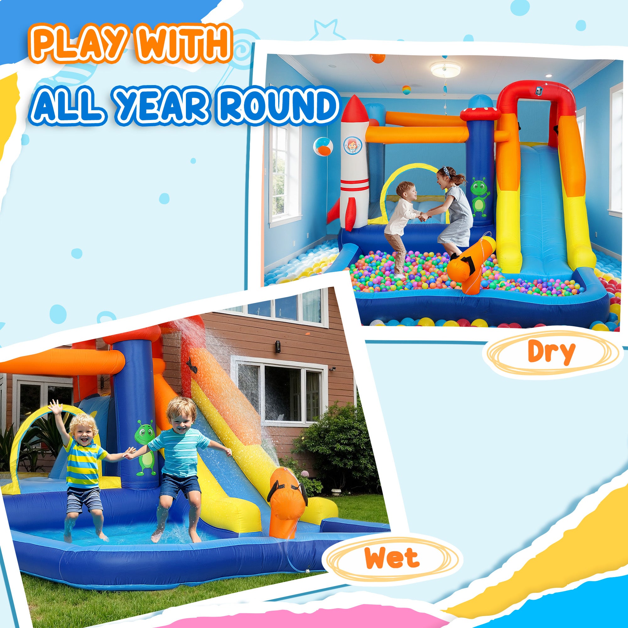 5 in 1 Bouncy Castle for Children with 550W Blower, Water Slide, Splash Pool, Jumping Area, Climbing Wall, Cannon