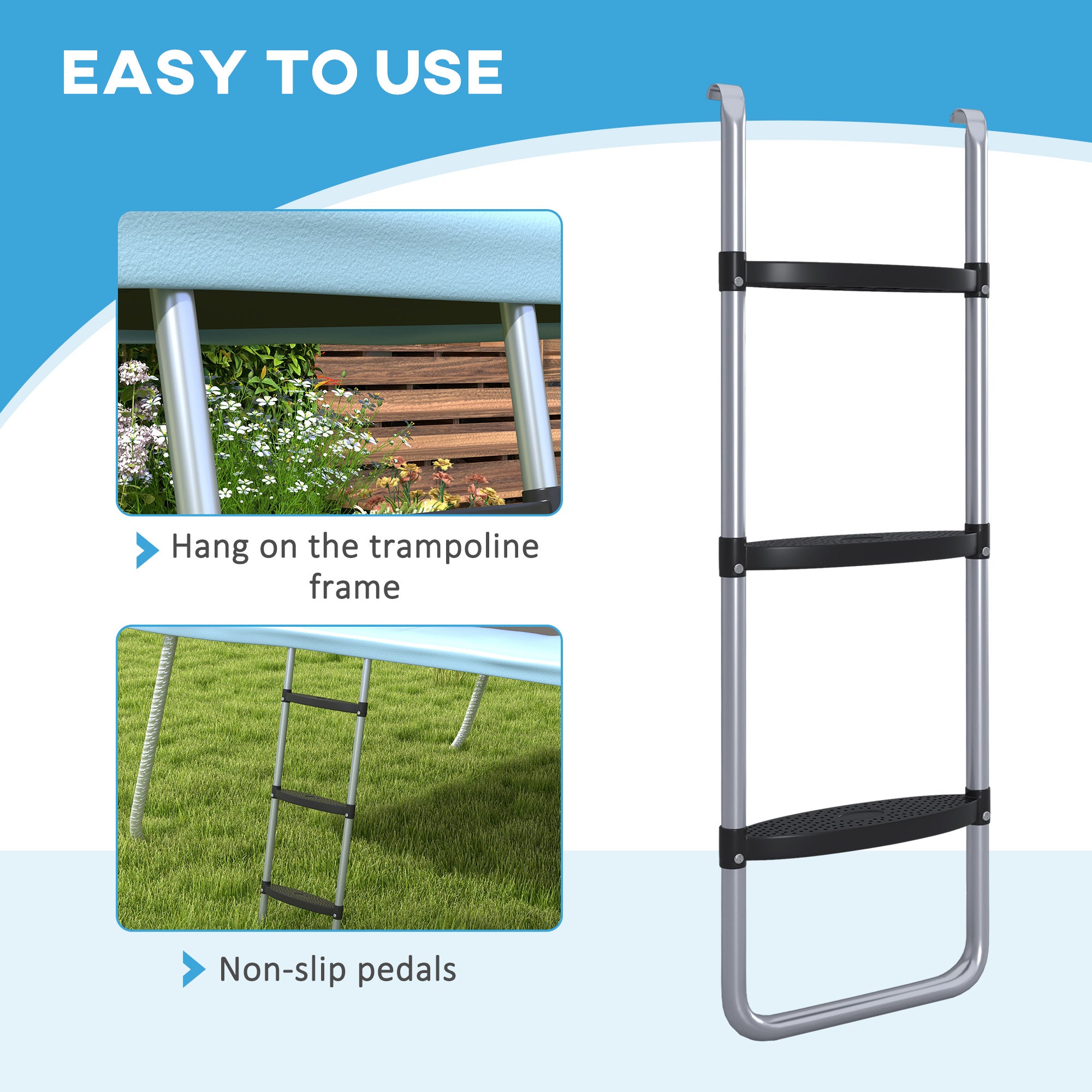 Galvanised Steel Trampoline Ladder, 2 Steps/3 Steps Outdoor Trampoline Accessories for 6ft, 8ft, 10ft, 12ft, 13ft, 14ft, 16ft Trampoline, 97L x 32Wcm, Silver Tone