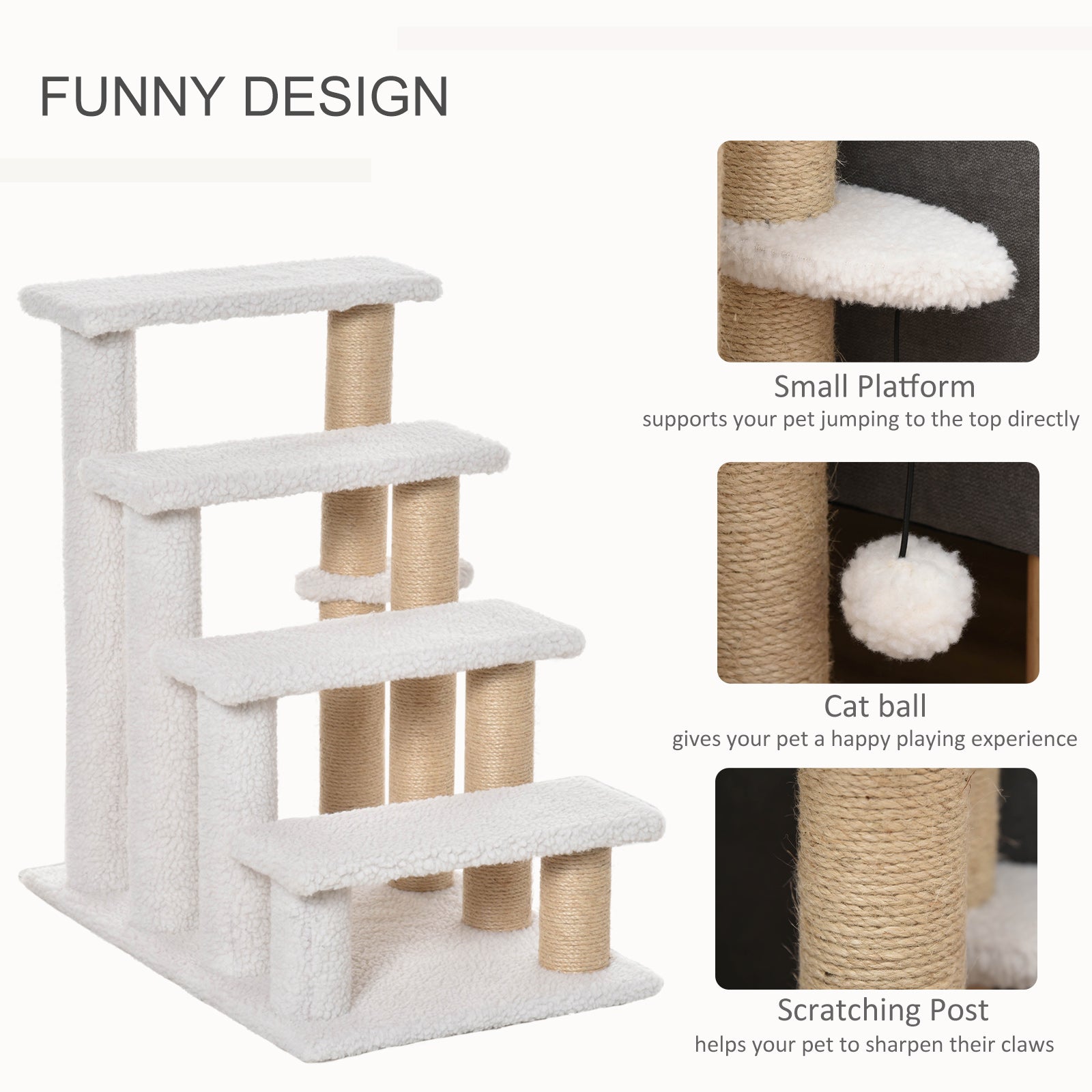 Pet Stair with 4-step Climb Ladder, Scratching Posts, Platforms, Toy Ball, for Indoor Elderly Cats Kittens, White