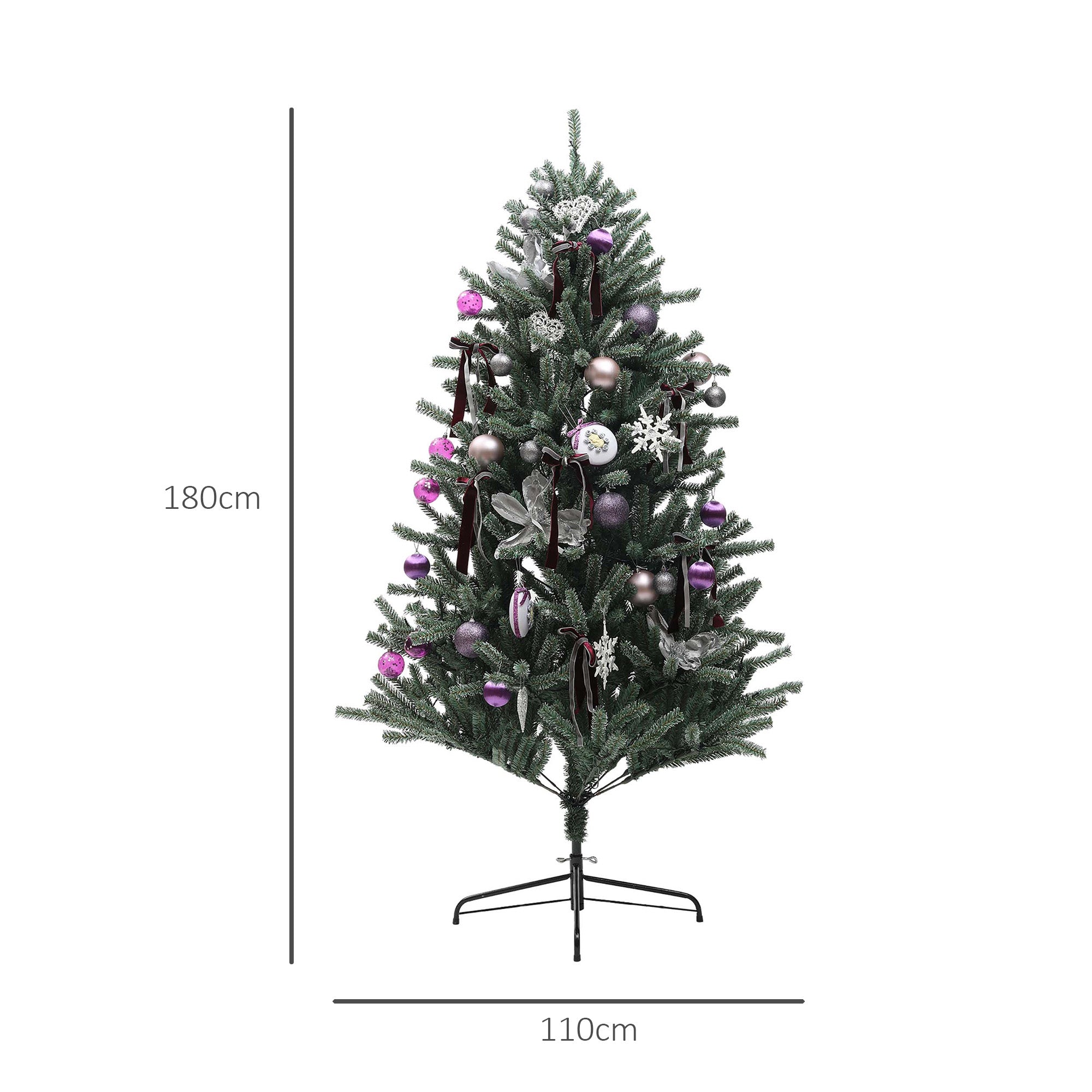 6ft Artificial Prelit Christmas Tree with Warm White LED Lights and 796 Tips, Metal Stand, Xmas Tree with Purple Ornaments for Home Office Holiday