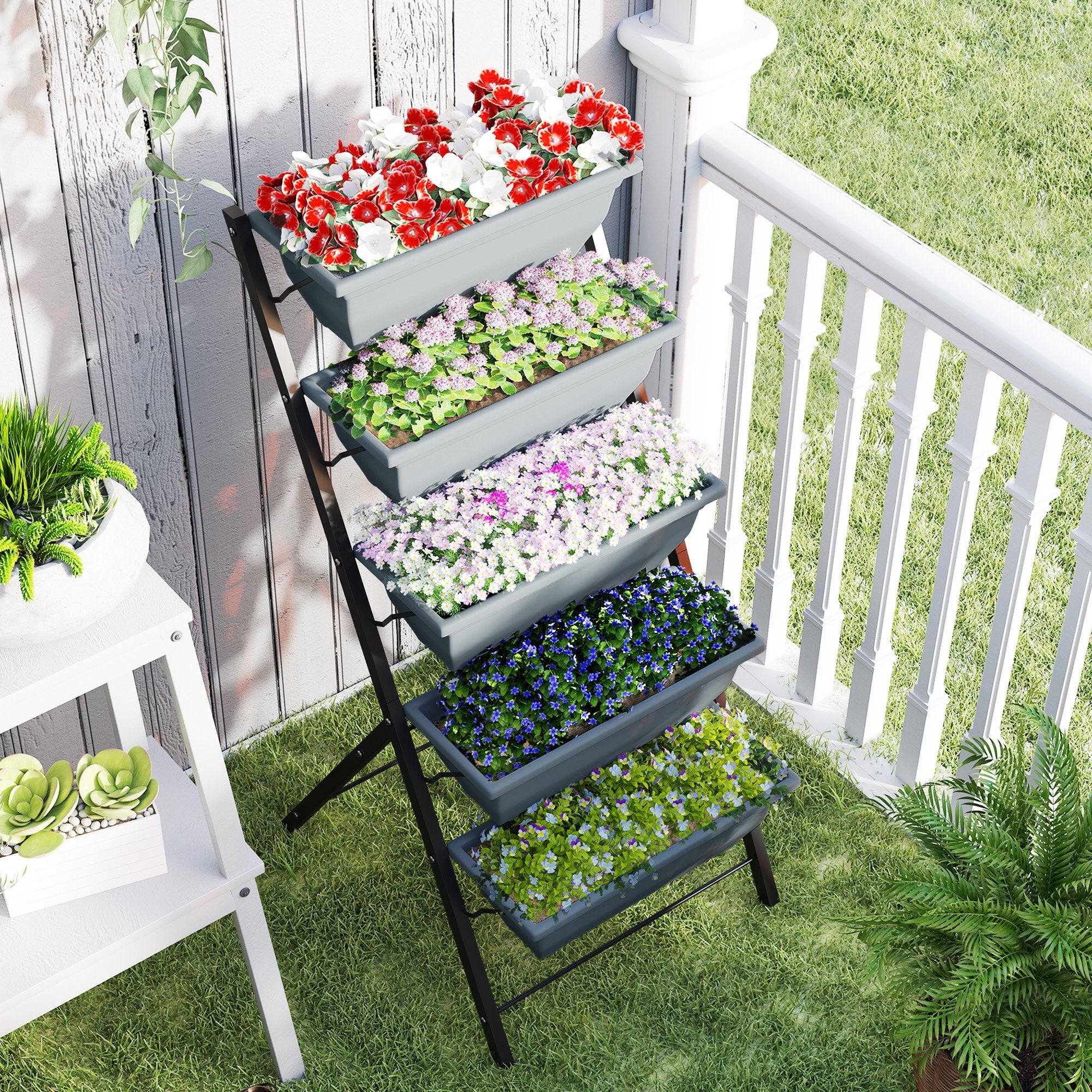 5-Tier Raised Garden Bed, Vertical Ladder Plant Stand with 5 Removable Boxes, Drainage Holes and Plugs, Indoor Outdoor Elevated Flower Herb Growing Box for Garden Patio Balcony, Grey