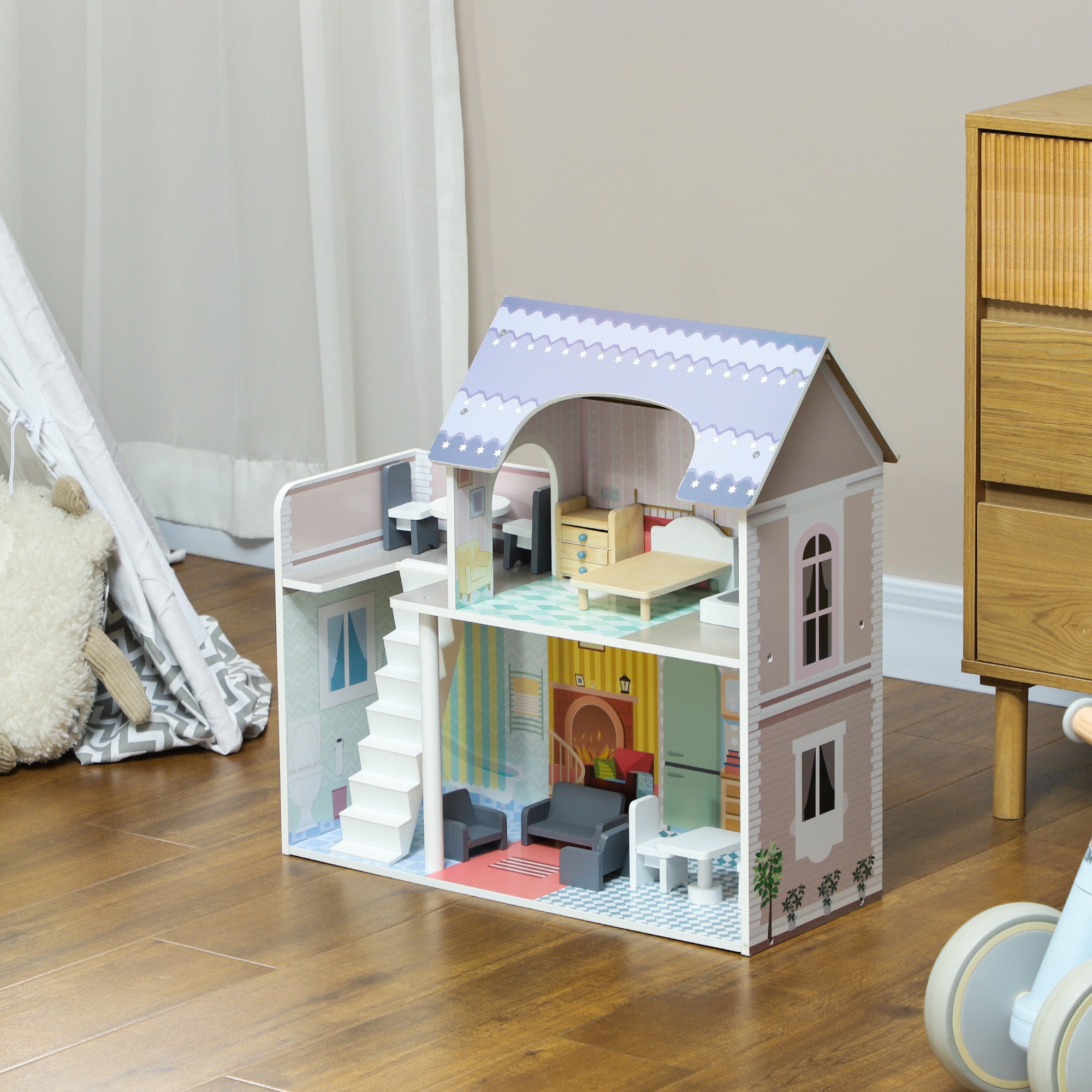 2 Storey Dolls House with 13 Pieces Furniture, Play Set with Balcony, Gift for 3-6 Years Old