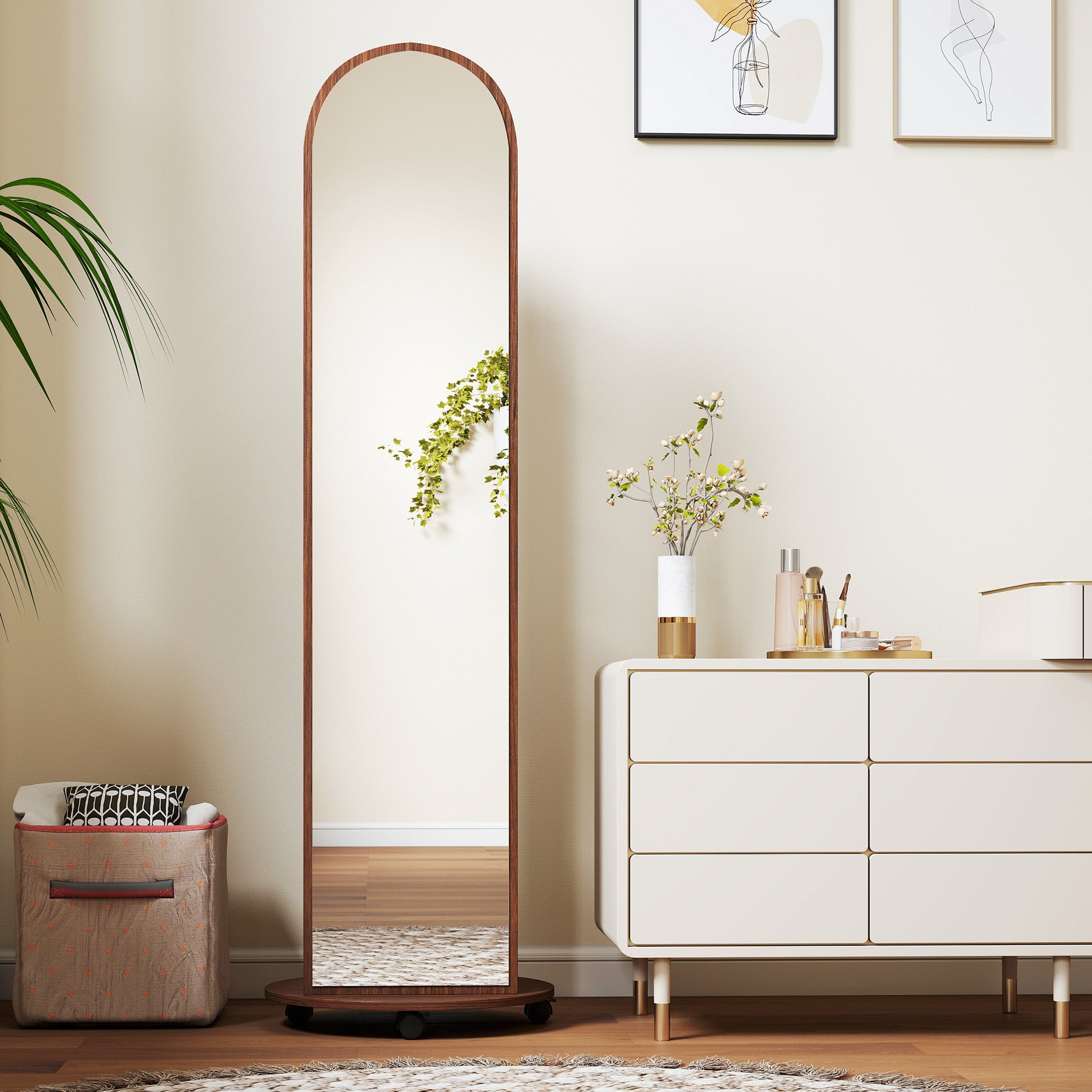 2-in-1 Full Length Mirror with Storage Shelves, Floor Mirror with 4 Wheels, Coat Rack, Hooks, Brown Wood Effect