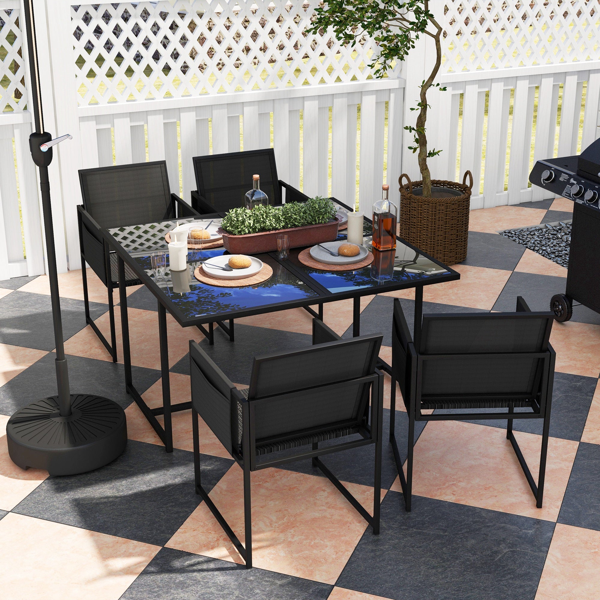 5 Piece Garden Dining Set with Breathable Mesh Seat, Adjustable Backrest, Tempered Glass Table Top for Patio, Black