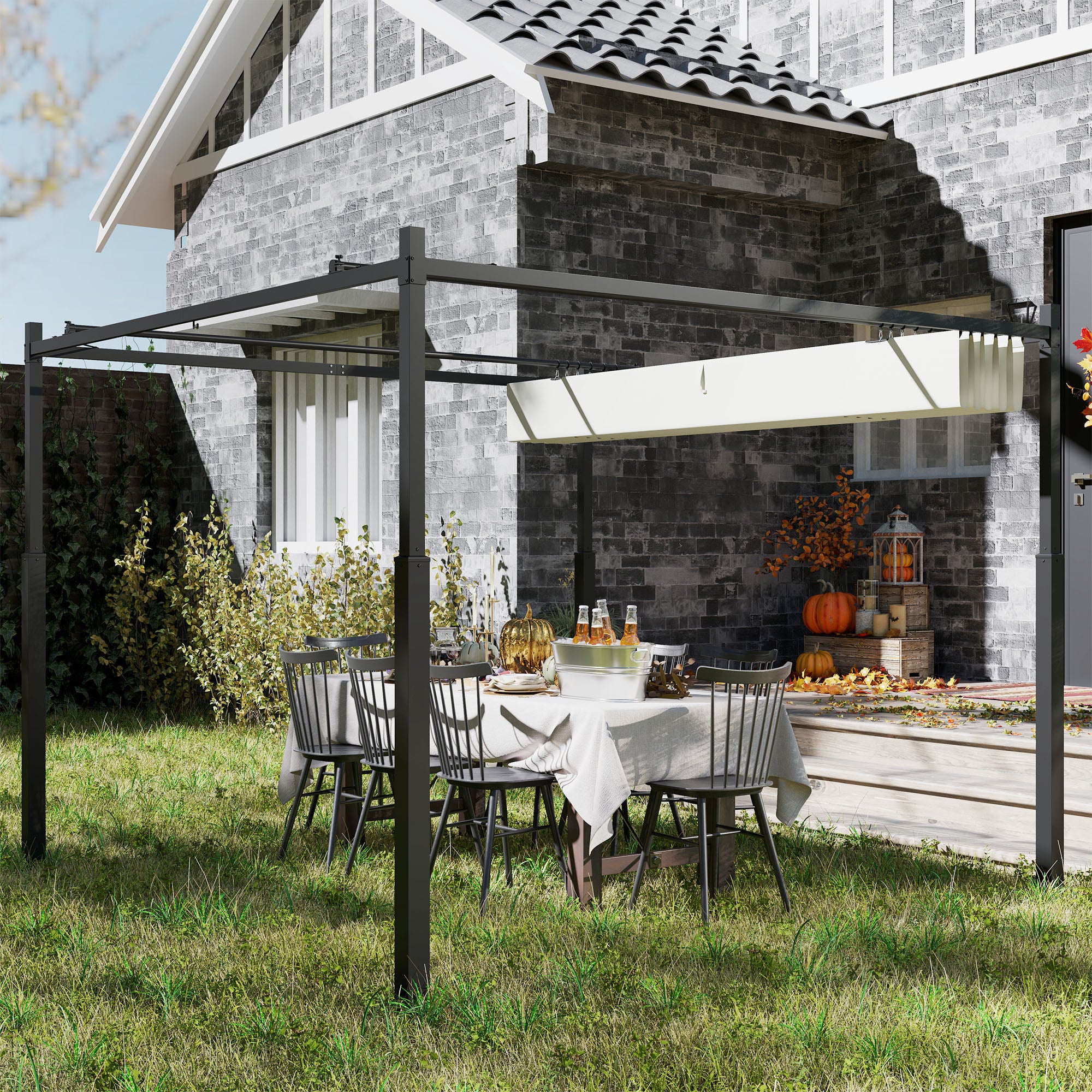 3 x 3 Metre Metal Pergola with Retractable Canopy and UPF30+ Cream White