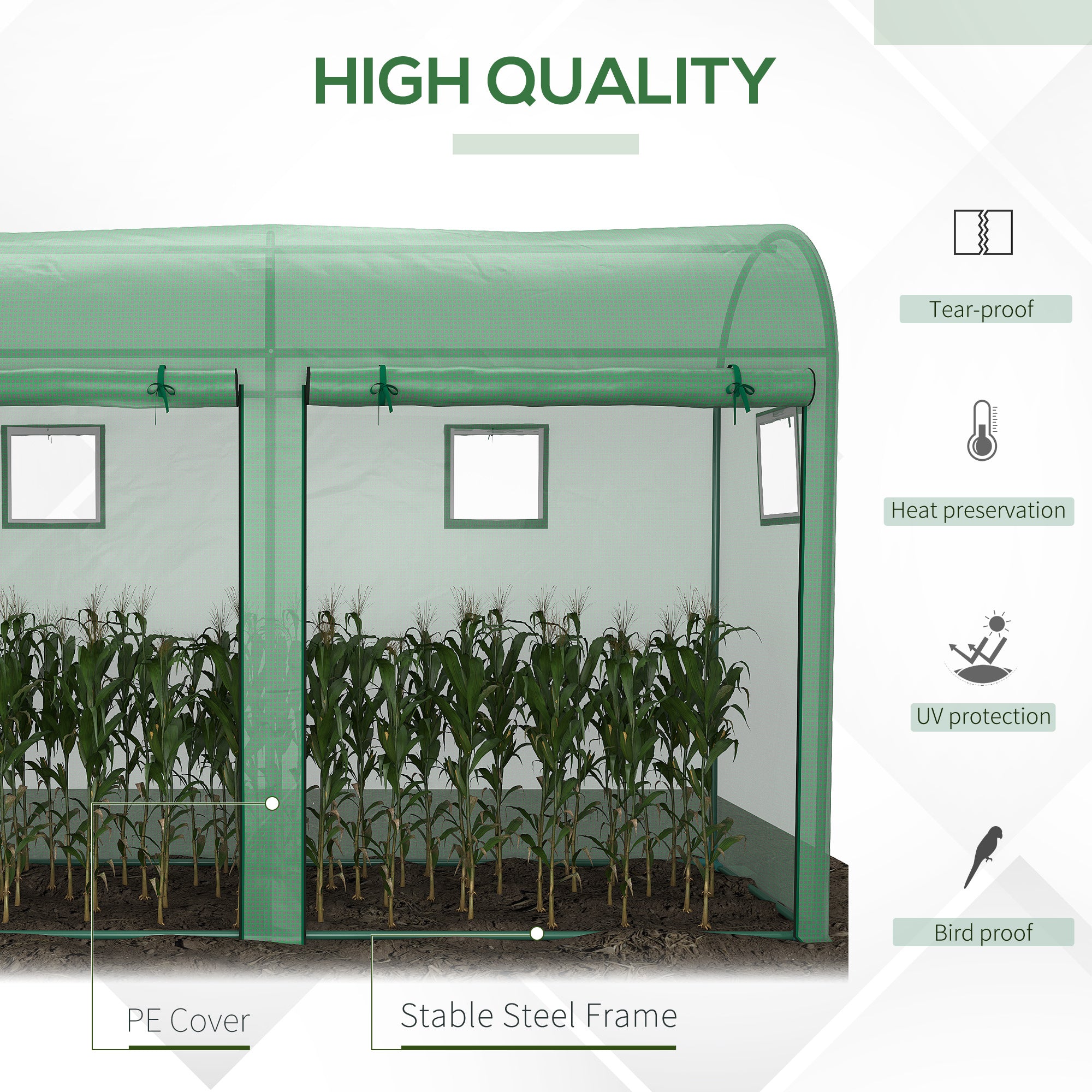 Garden Plant Tomato Growth Greenhouse W/ Double Doors & 4 Windows PE Cover Steel Frame Green, 3L x 1W x 2H (m)