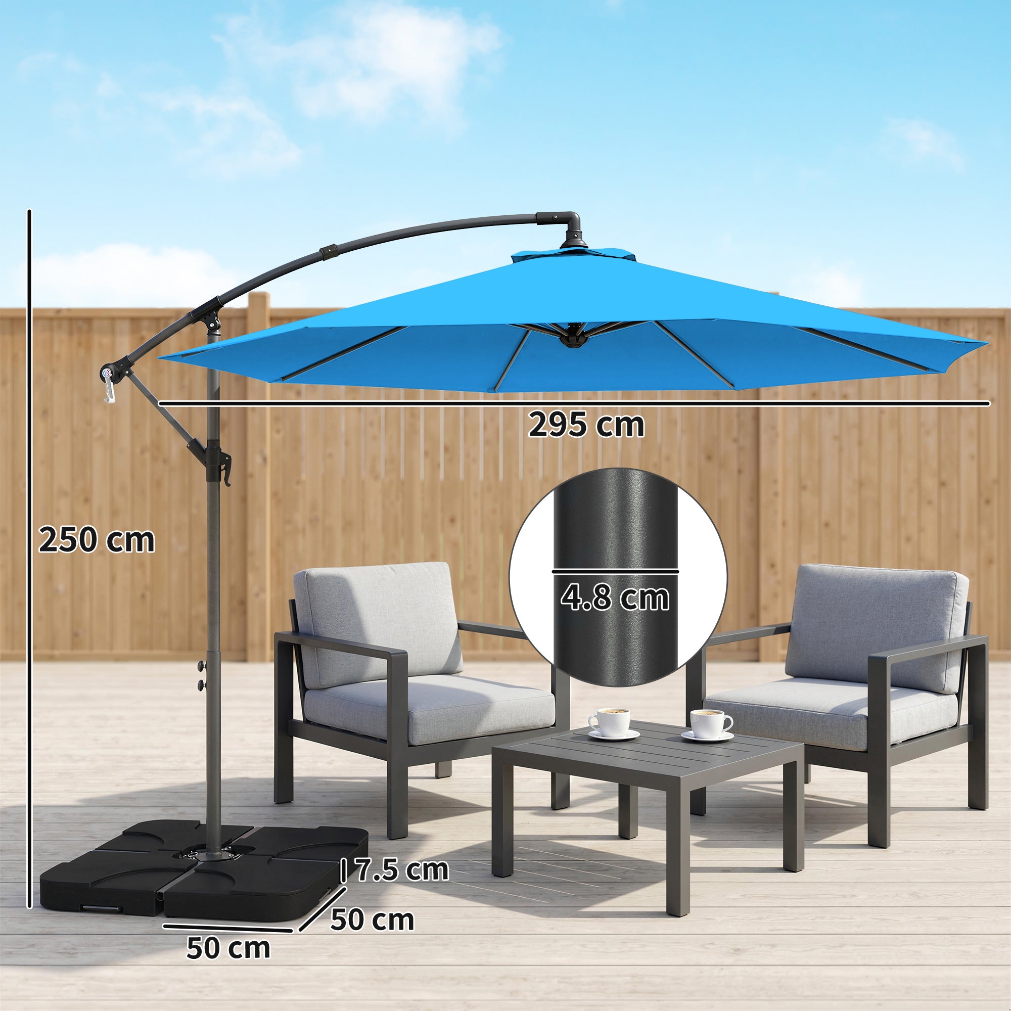 3m Overhanging Parasol, with Base, Weights and Cover - Blue
