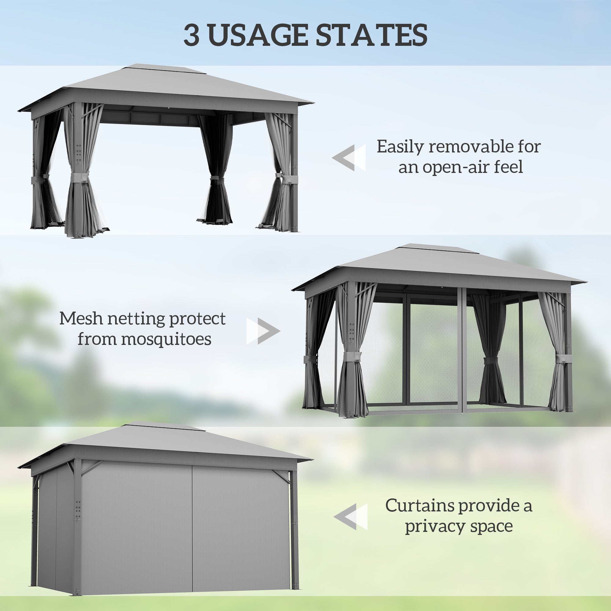 4 x 3(m) Patio Gazebo Canopy, with Vented Roof, Netting, Curtains, Aluminium Frame, Grey