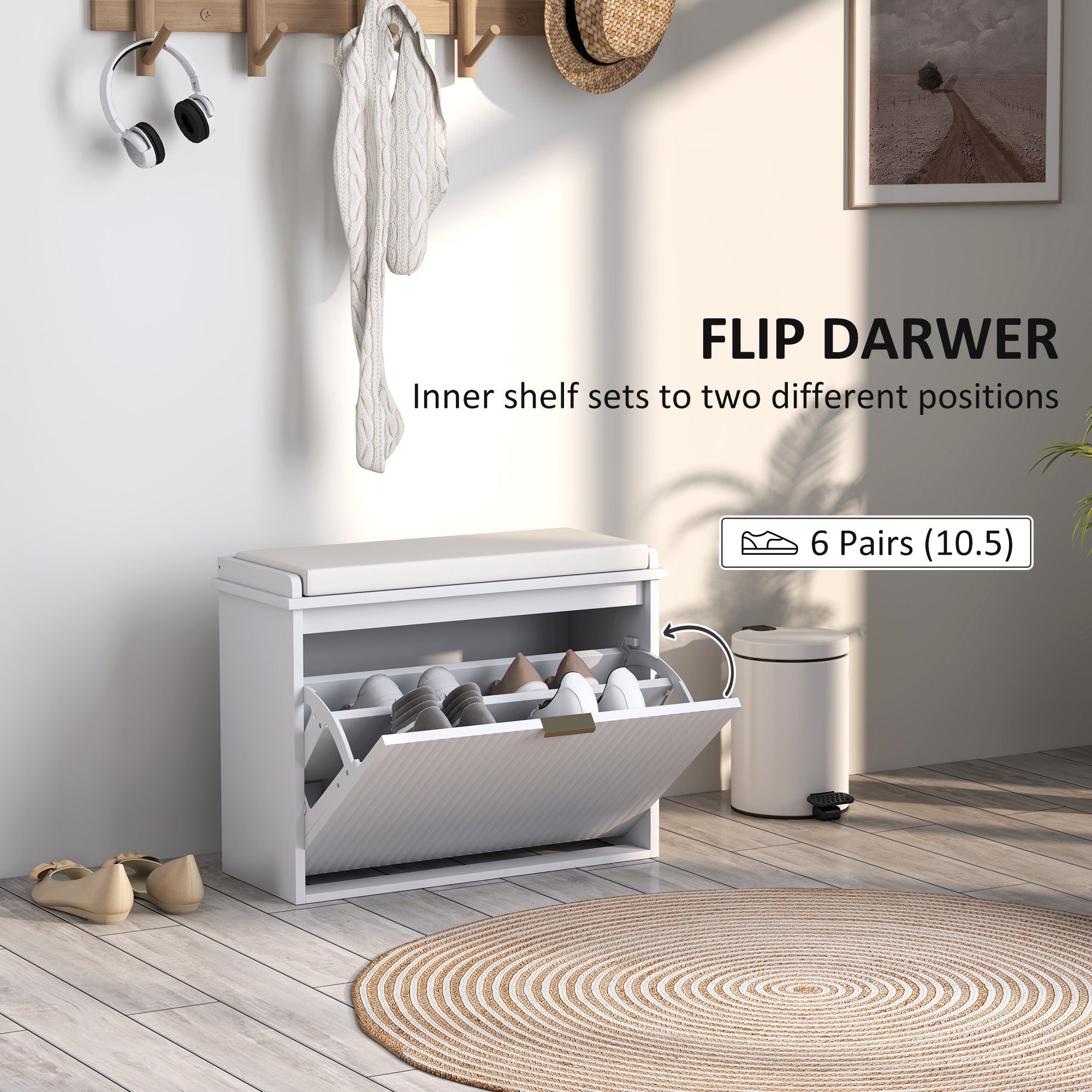 Elegant Six Shoe Bench, with Top Seat - White