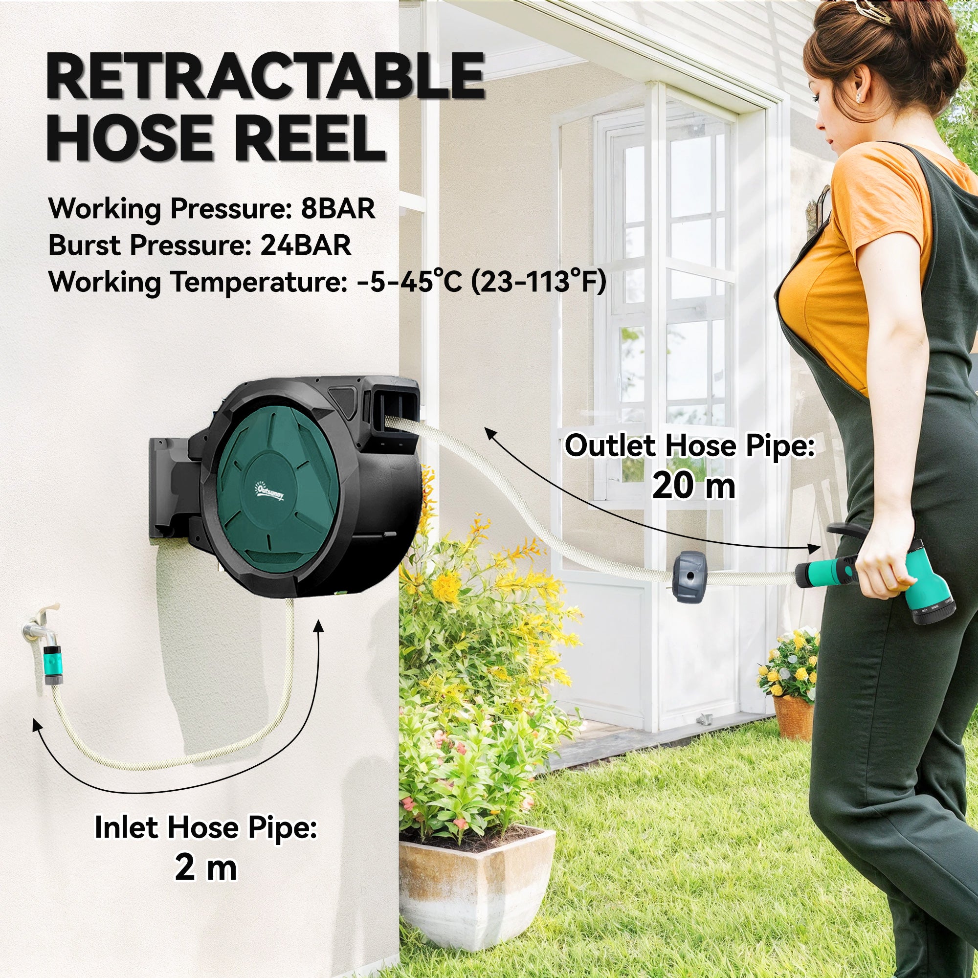 Retractable Hose Reel Wall Mounted, 20+2m Garden Hose Pipe Reel with Lock, Auto Rewind, 7 in 1 Spray Nozzle, Includes Wall Fixings, 180° Swivel, Outdoor Watering, 54 x 20 x 39 cm, Black