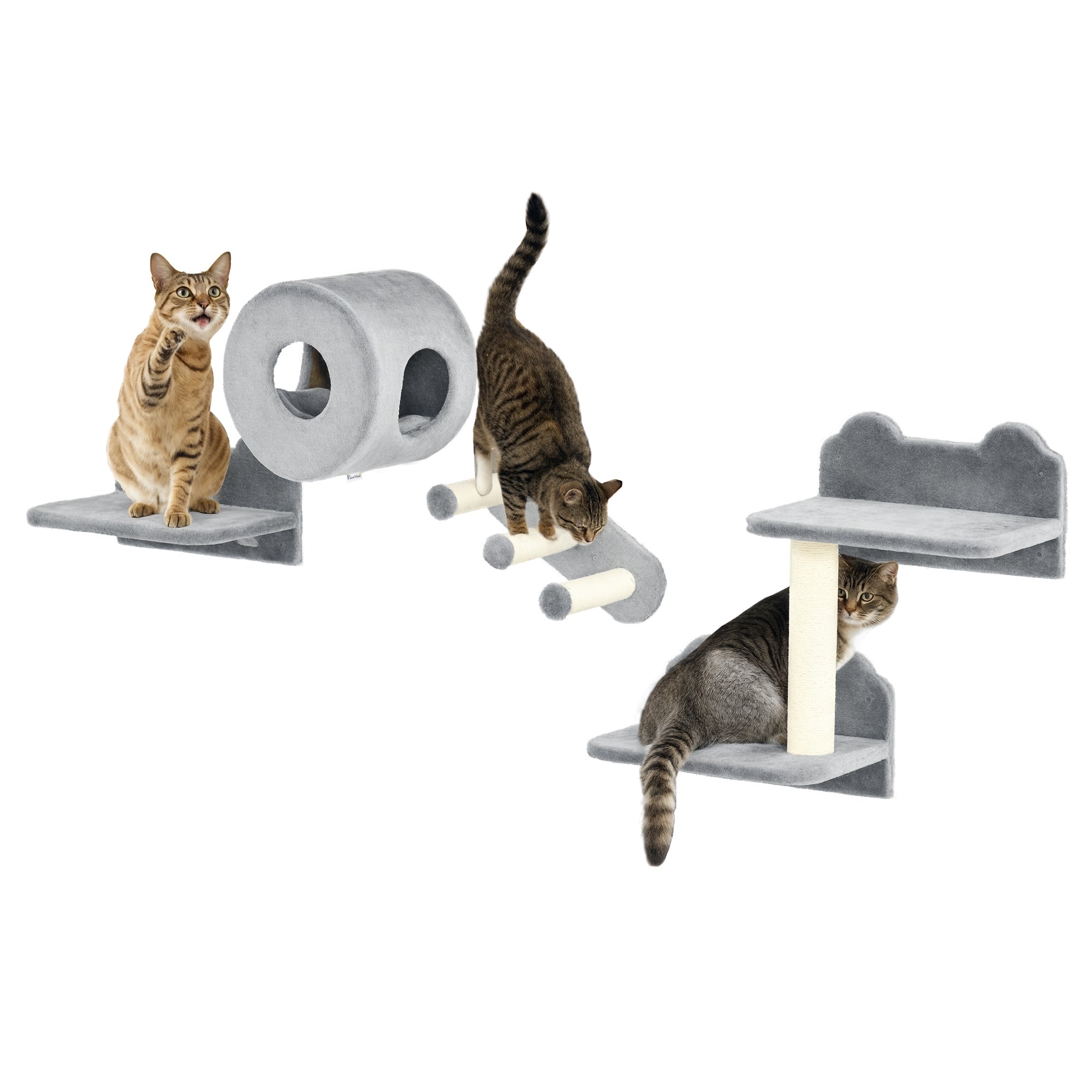 4PCs Wall-Mounted Cat Tree, with Steps, Perch, Cat House - Grey