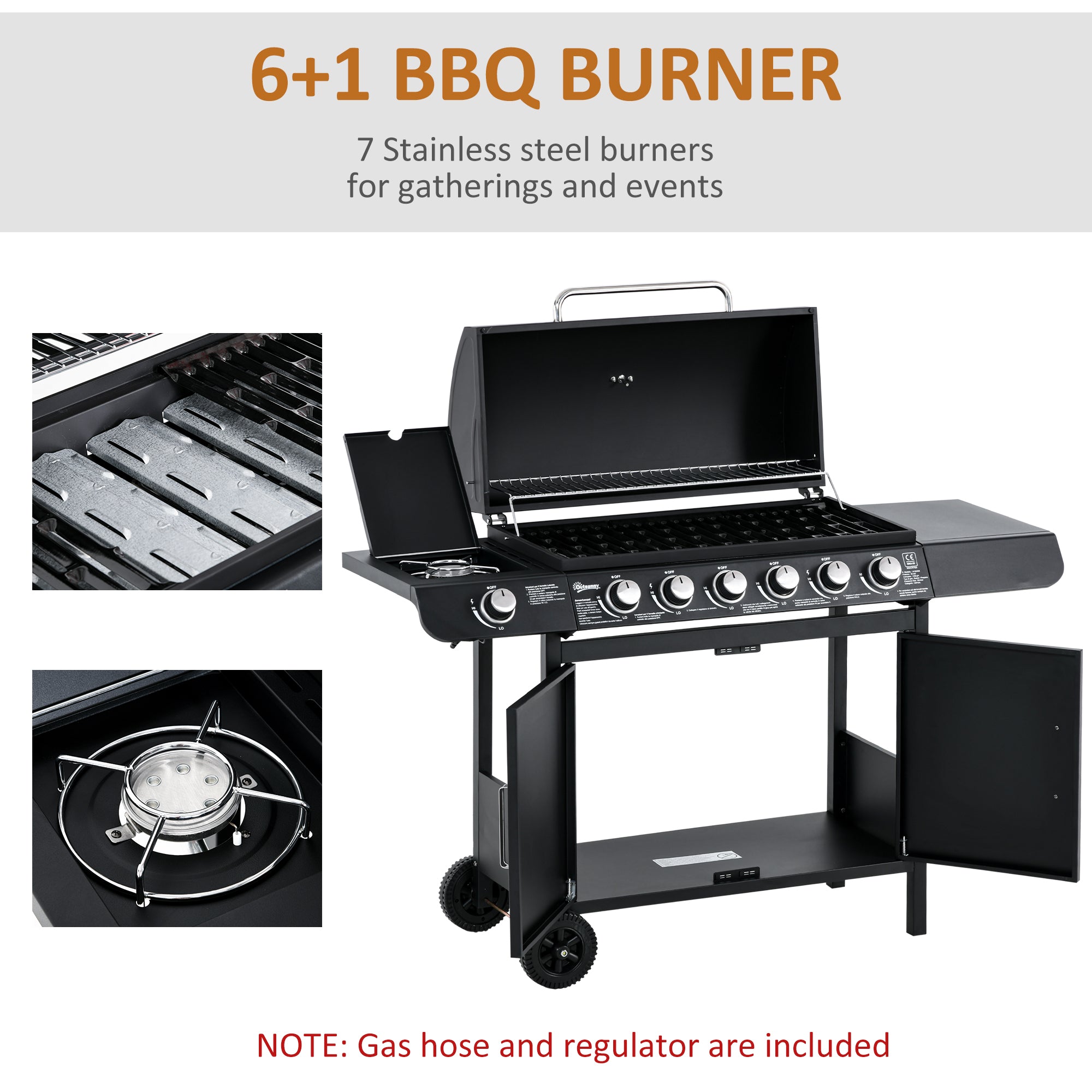 Seven Burner Gas Grill, with Integrated Thermometer and Storage
