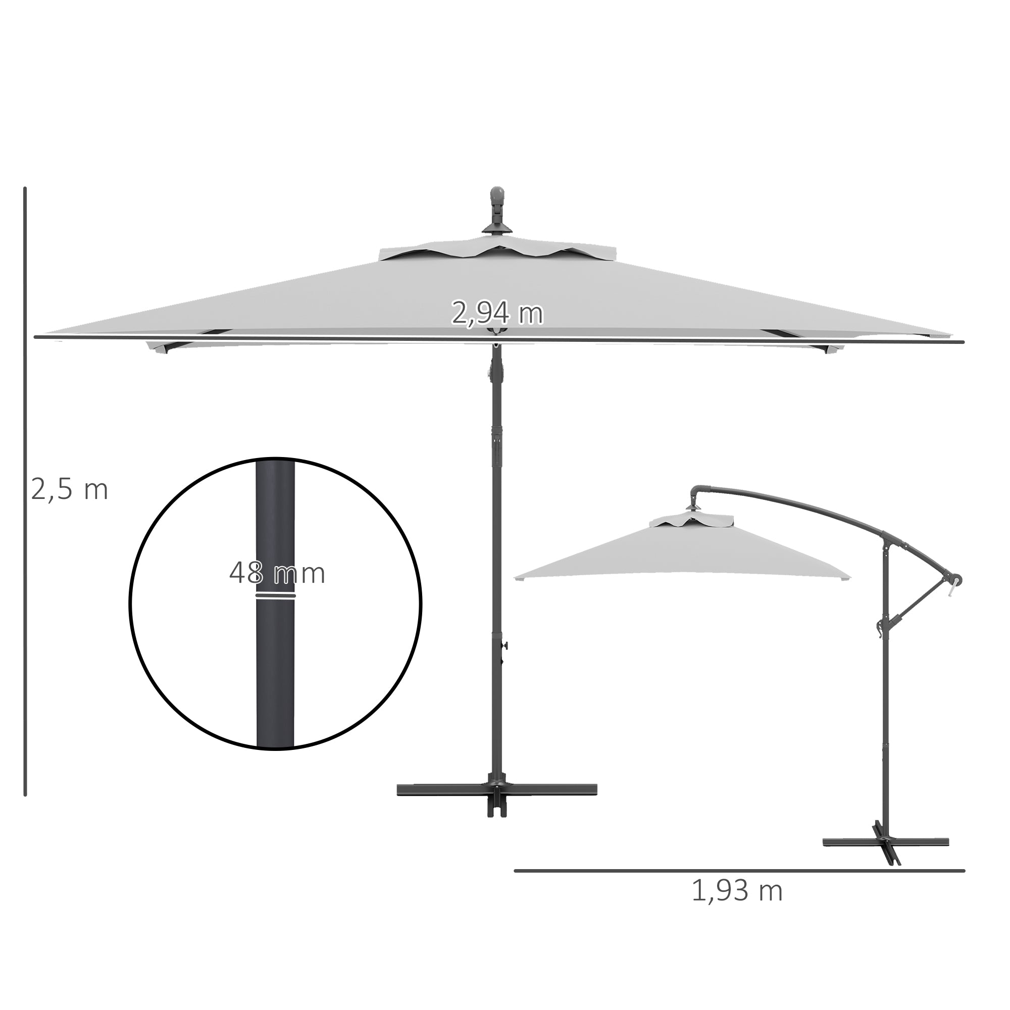 3 Metre Cantilever Parasol with Cross Base - Light Grey