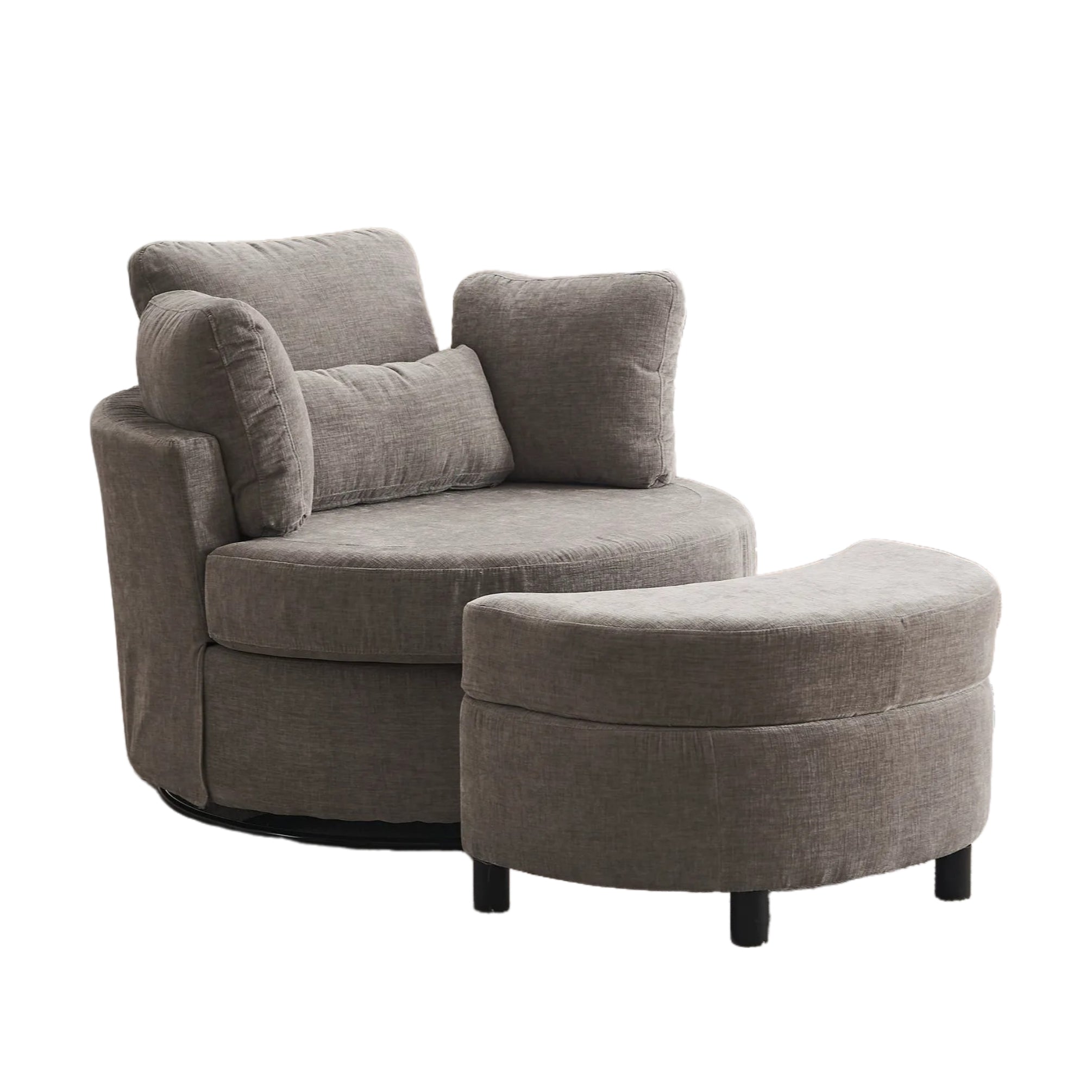 Chenille Swivel Armchair with 3 Back Cushions and Crescent Ottoman Stool, 360° Swivel Recliner Sofa, 107L x 105W x 82H cm, Grey