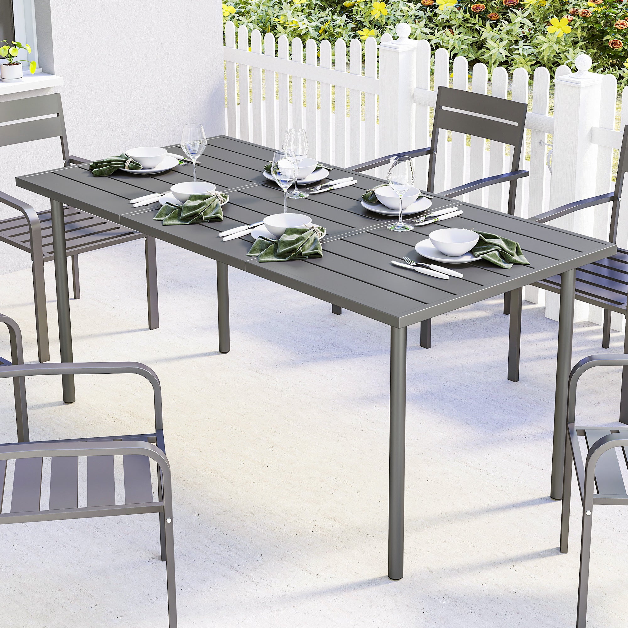 Garden Dining Table for 6 Person, 165 x 80 cm Rectangular Outdoor Dining Table with Slatted Top