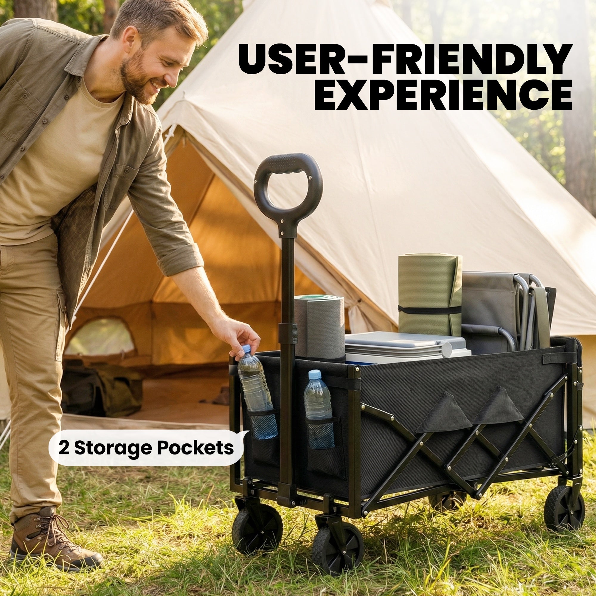 60L Foldable Festival Trolley on Wheels, Collapsible Wagon Cart with Drop-Down Tailgate, Adjustable Handle, Black