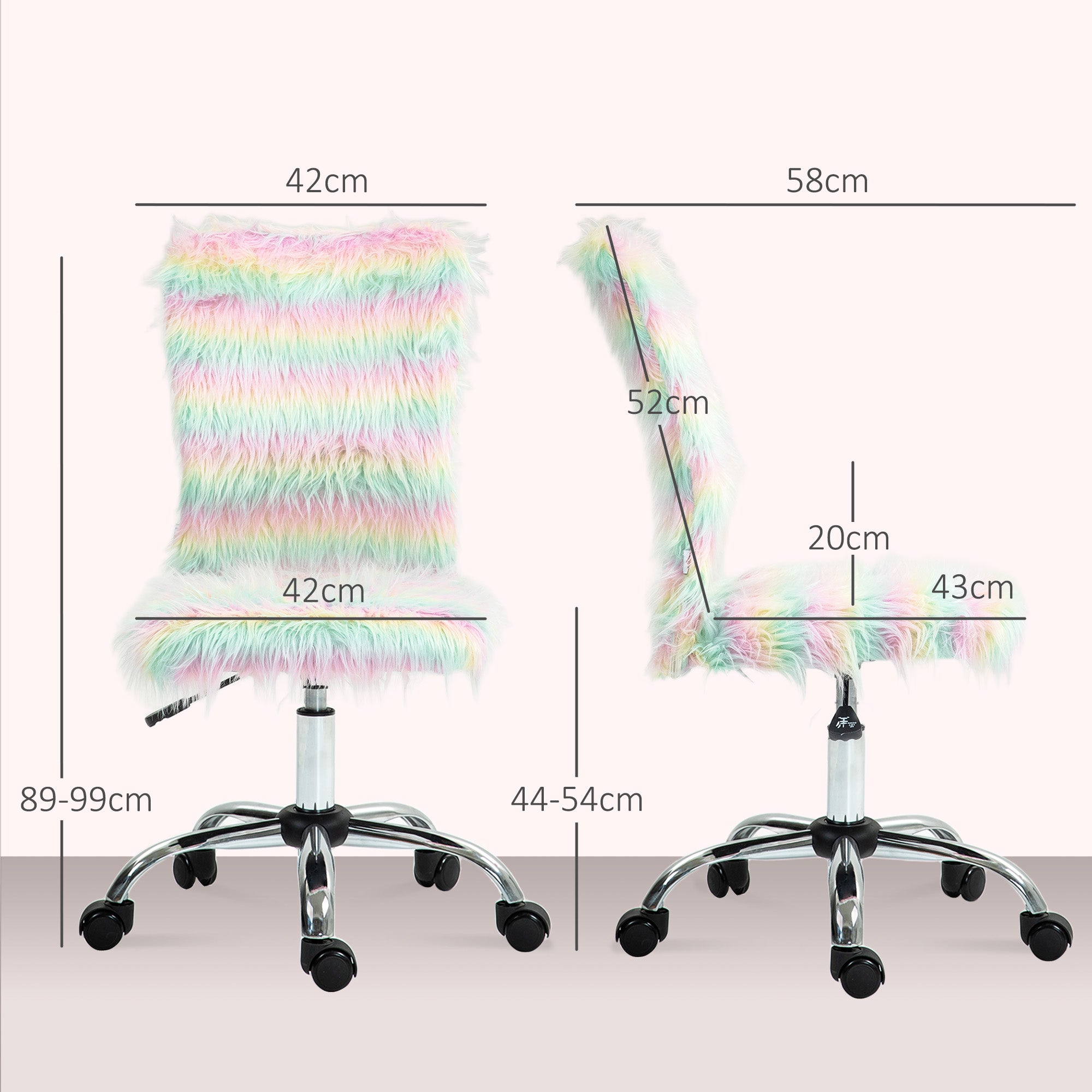 Armless Computer Desk Chair, Fluffy Fabric Swivel Office Chair, Makeup Vanity Chair with Height Adjustable, Wheels, for Home Study Bedroom, Unicorn Tone