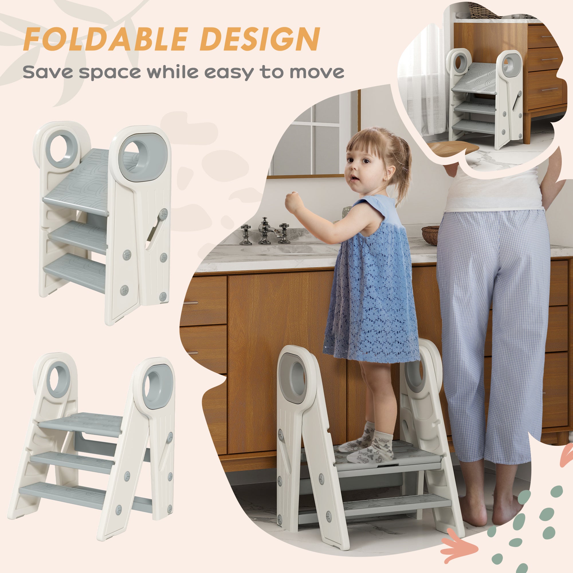 Foldable & Adjustable Toddler Tower with Handle, Non-Slip, Grey