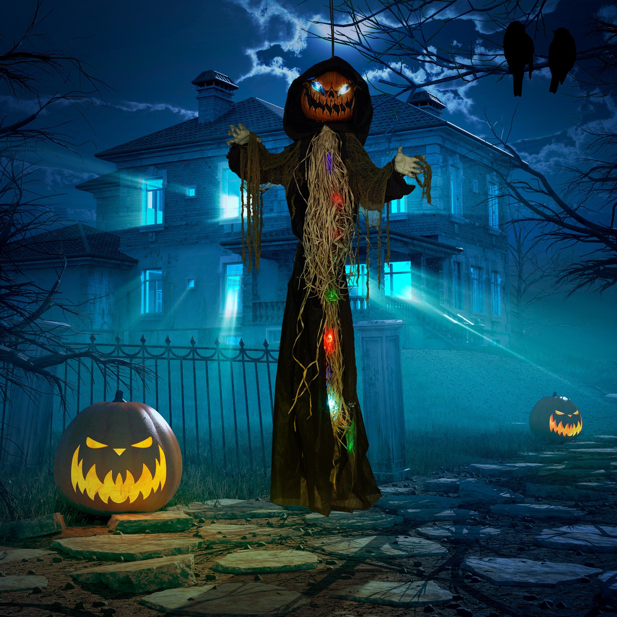 198cm 78" Straw Pumpkin Halloween Decoration, Halloween Prop with Light Up Eyes, for Haunted House Indoor Outdoor Decor