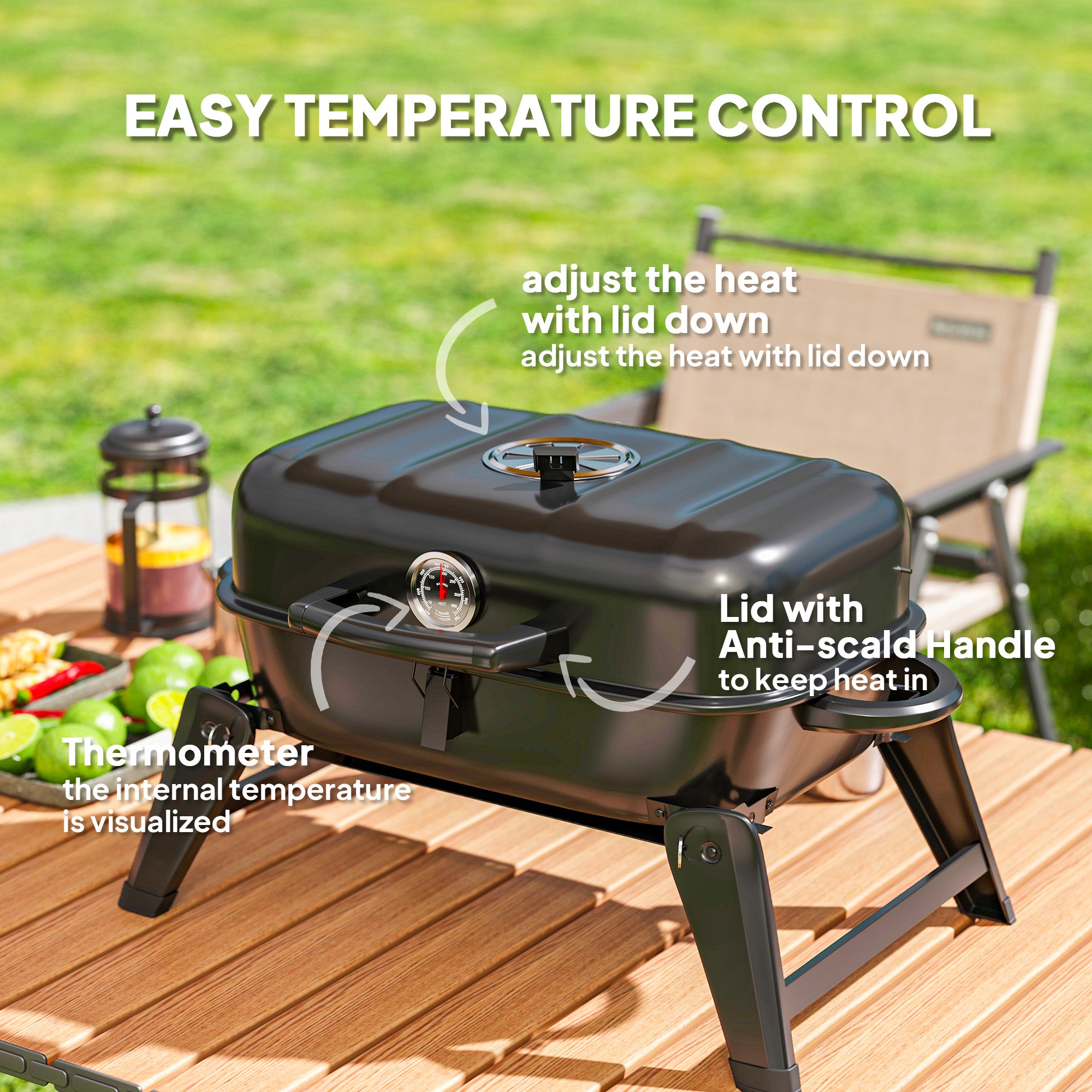Charcoal Barbecue Grill Folding Portable BBQ Grill for Camping with 1232 cm² Cooking Area, Adjustable Vent, Thermometer, Handles for Picnic, 59 x 37 x 36 cm, Black