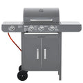3+1 Burner Gas BBQ Grill Trolley with Wheels, Side Shelves, Cabinet & Thermometer - Grey