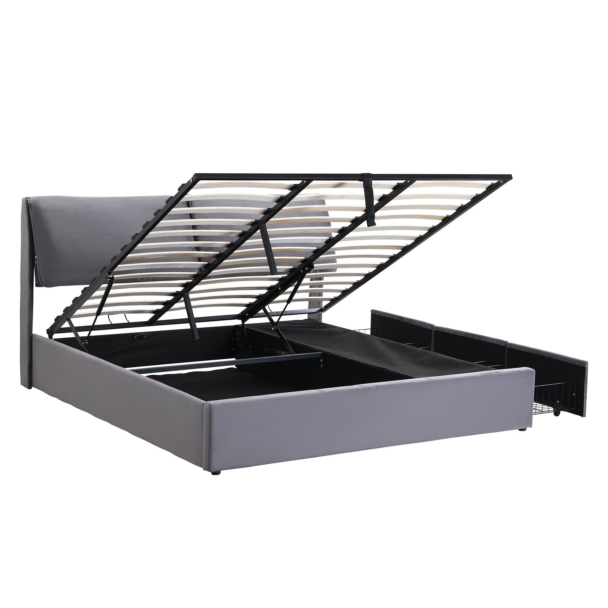 King Size Upholstered Bed with Hydraulic Storage and 3 Drawers - Grey Velvet