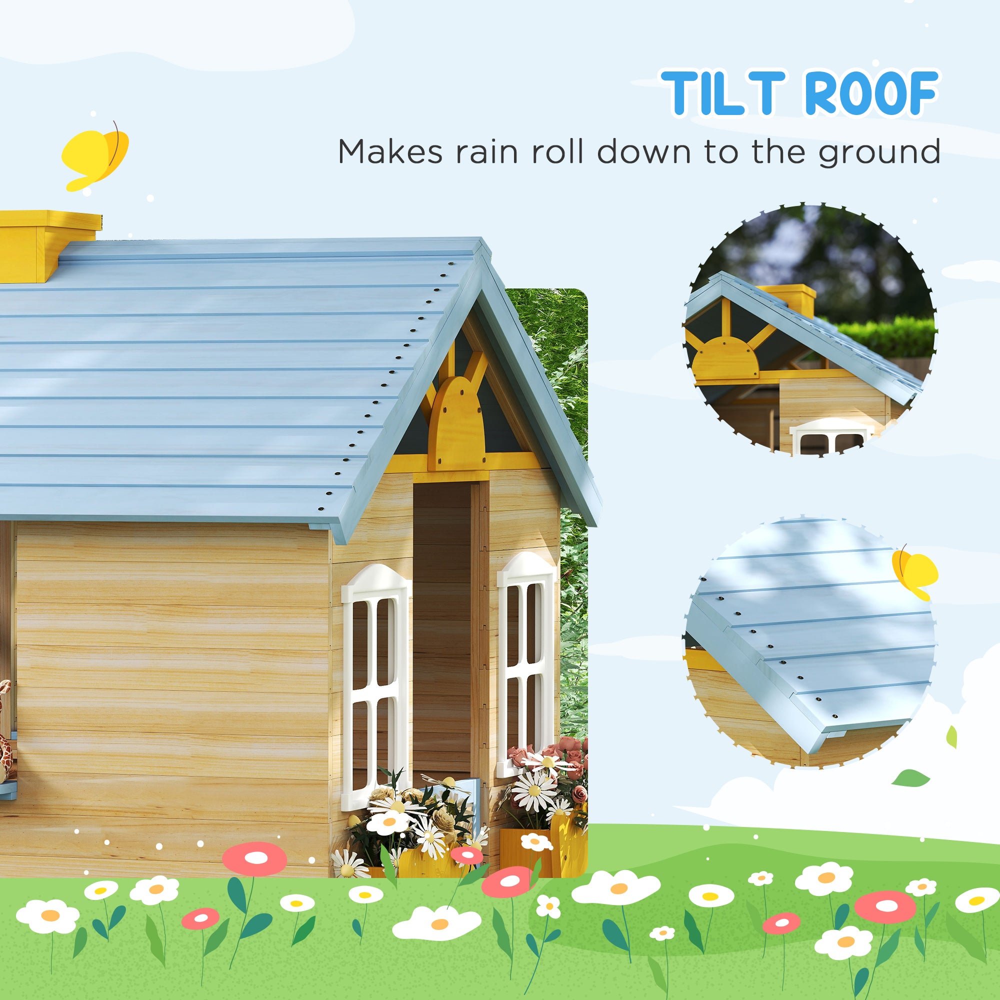 Wooden Playhouse, Wendy House w/ Door, Bench, Flowerpot Holder, For Ages 3-7 Years, Blue