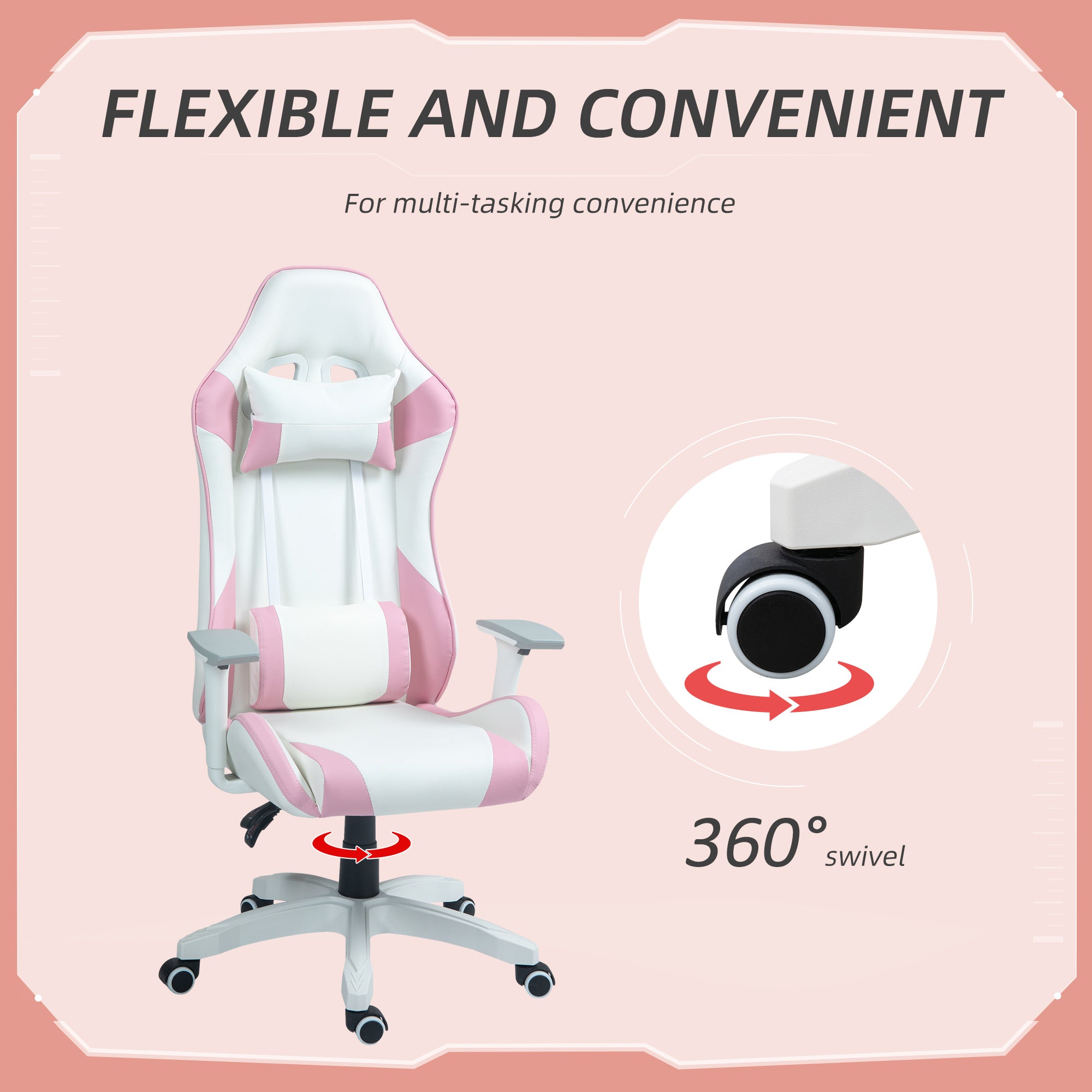 Faux Leather Colour Block Gaming Chair, with 135° Reclining Back - Pink/White