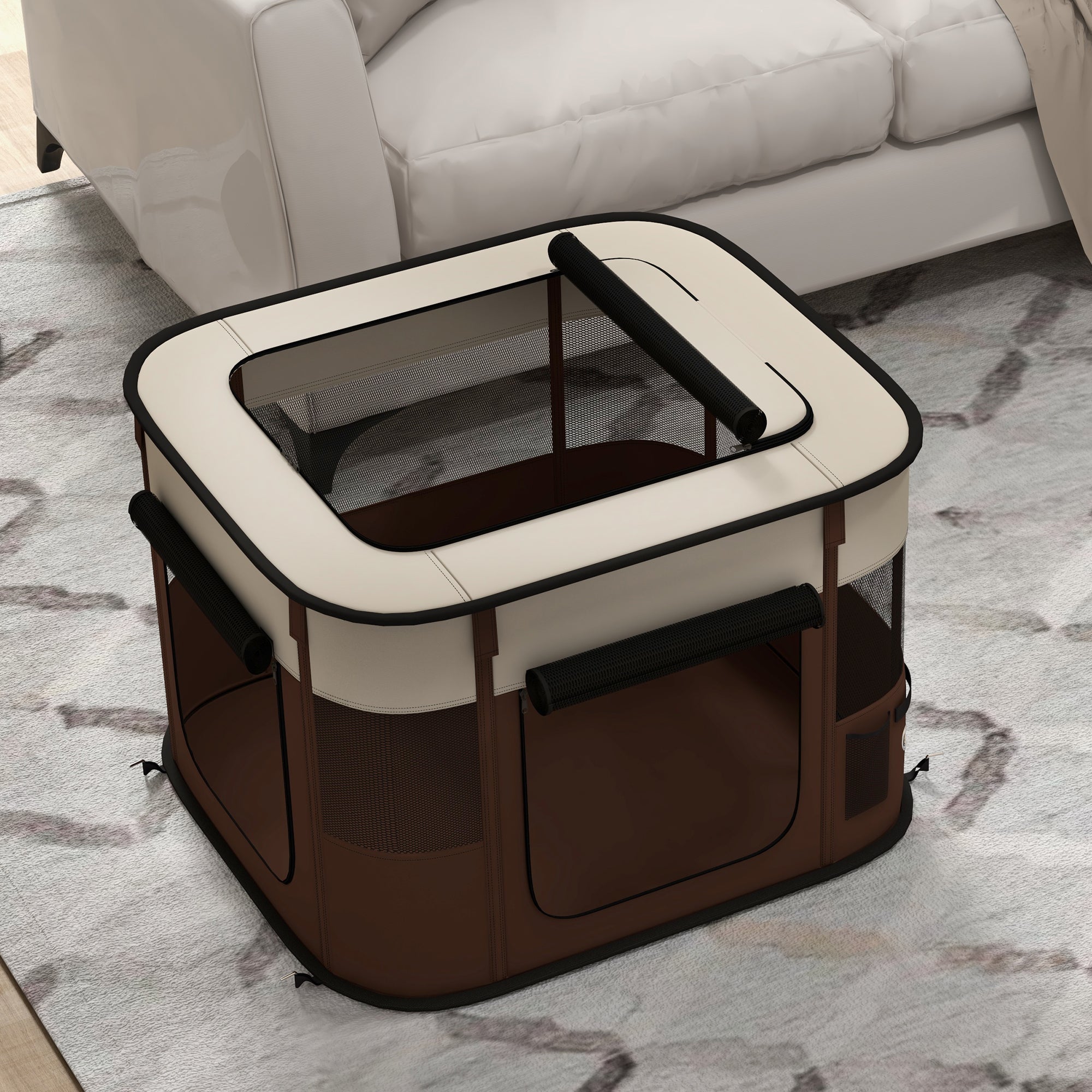 Foldable Dog Pen with Storage Bag for Indoor/Outdoor Use, Portable Pet playpen, with Ground Stakes - Brown