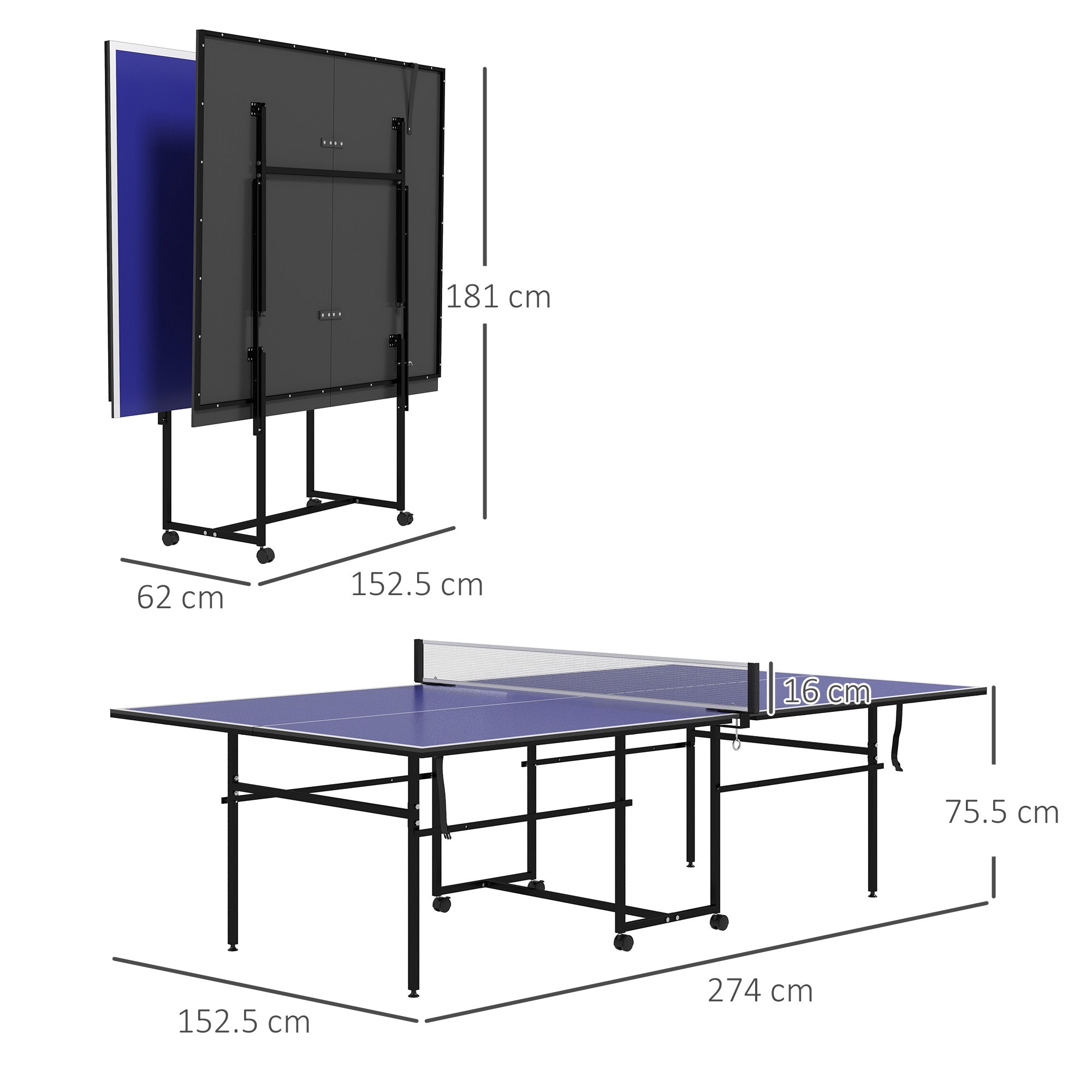 9FT Folding Table Tennis Table with 4 Wheels, for Indoor Use, Blue