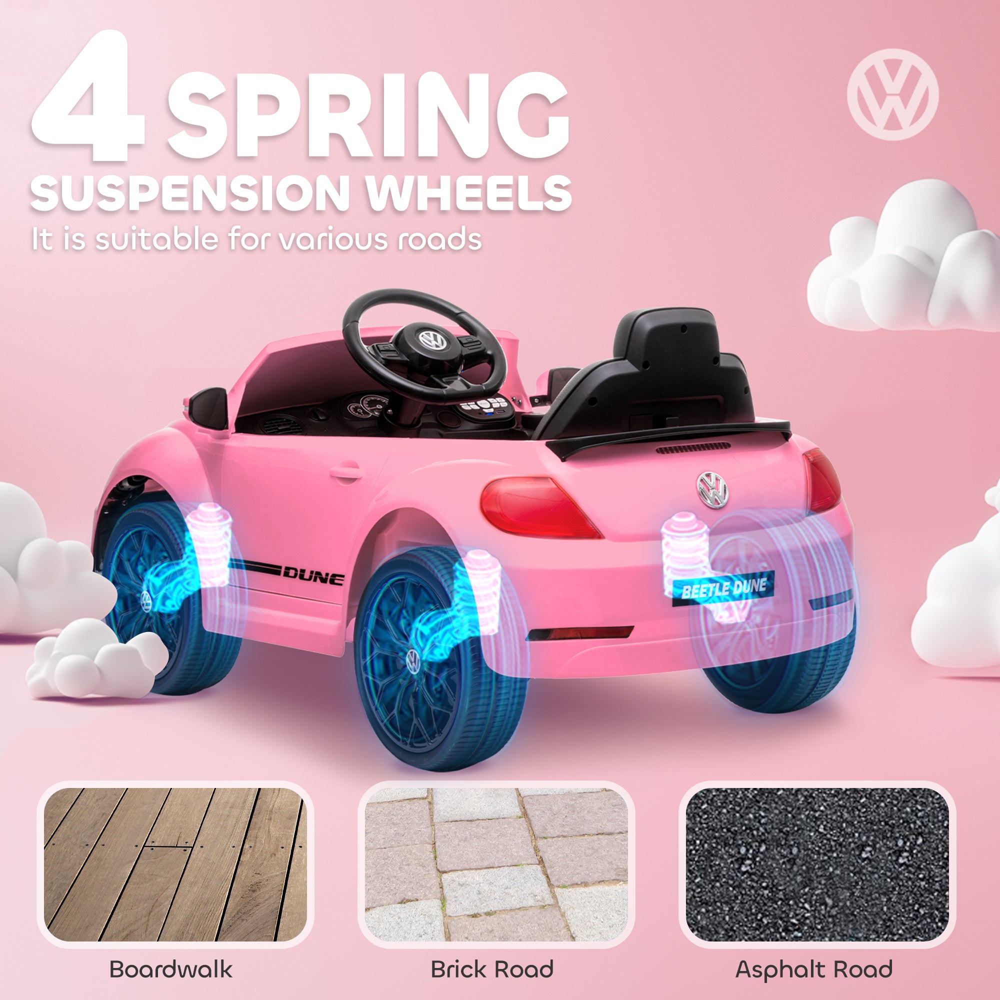 Volkswagen Beetle Licensed 12V Ride on Car w/ Remote Control, Suspension Wheels, Soft Start, Lights, Music, Pink