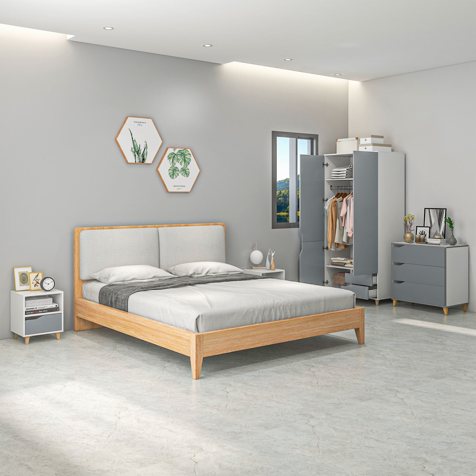 Bedroom Furniture Set, Wardrobe with Hanging Rail, 3 Drawer Chest of Drawers, Bedside Table with Drawer, Grey and White