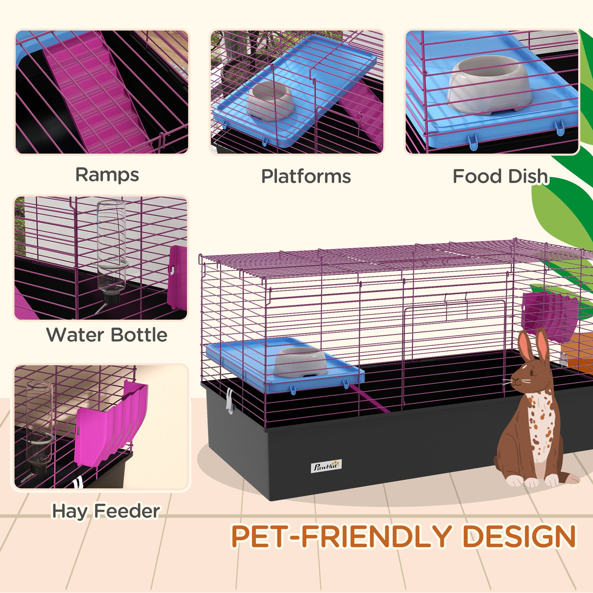 Chinchillas Small Rabbit Guinea Pig Small Animal Cage, Pet Playhouse, with Platform, Ramp, 99 x 52 x 53cm, Black