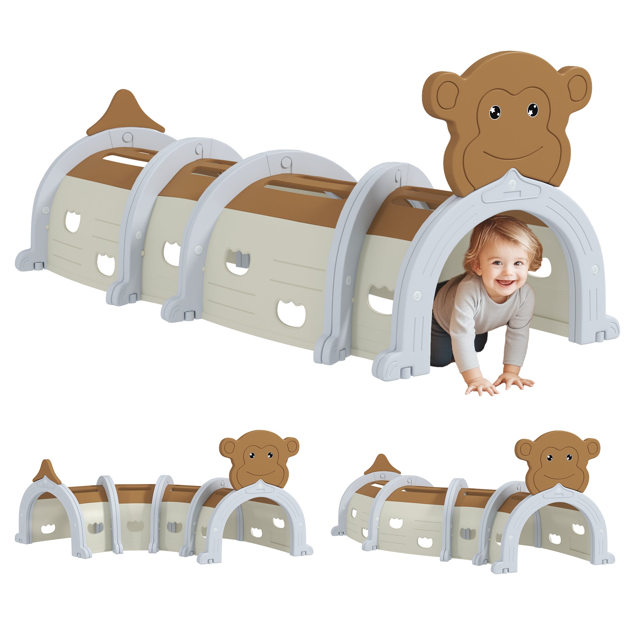 Monkey Design Kids Play Tunnel for Crawl and Climb, for 3-6 Years, Brown