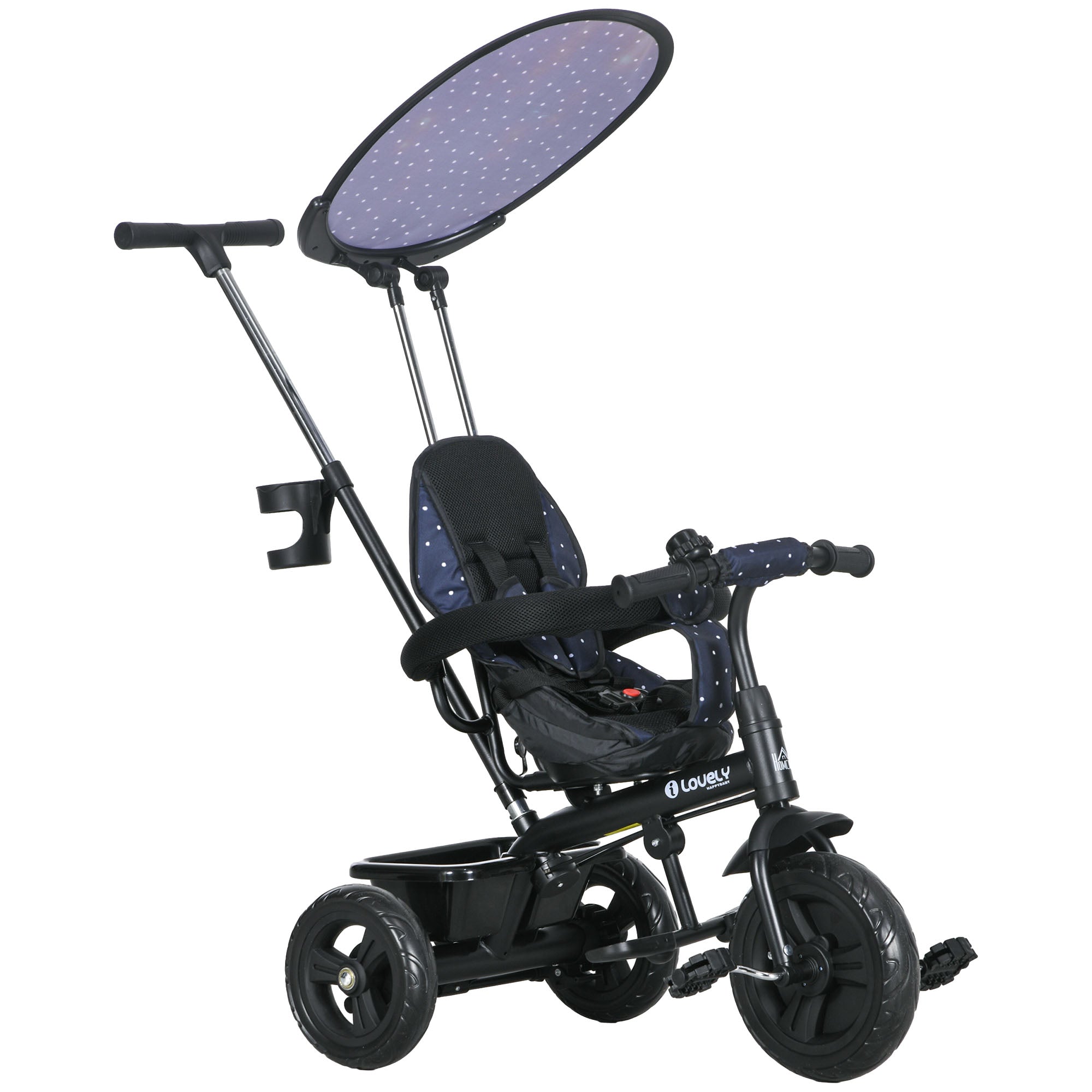 6 in 1 Tricycle for Kids with 5-point harness straps, Removable Canopy, Dark Blue