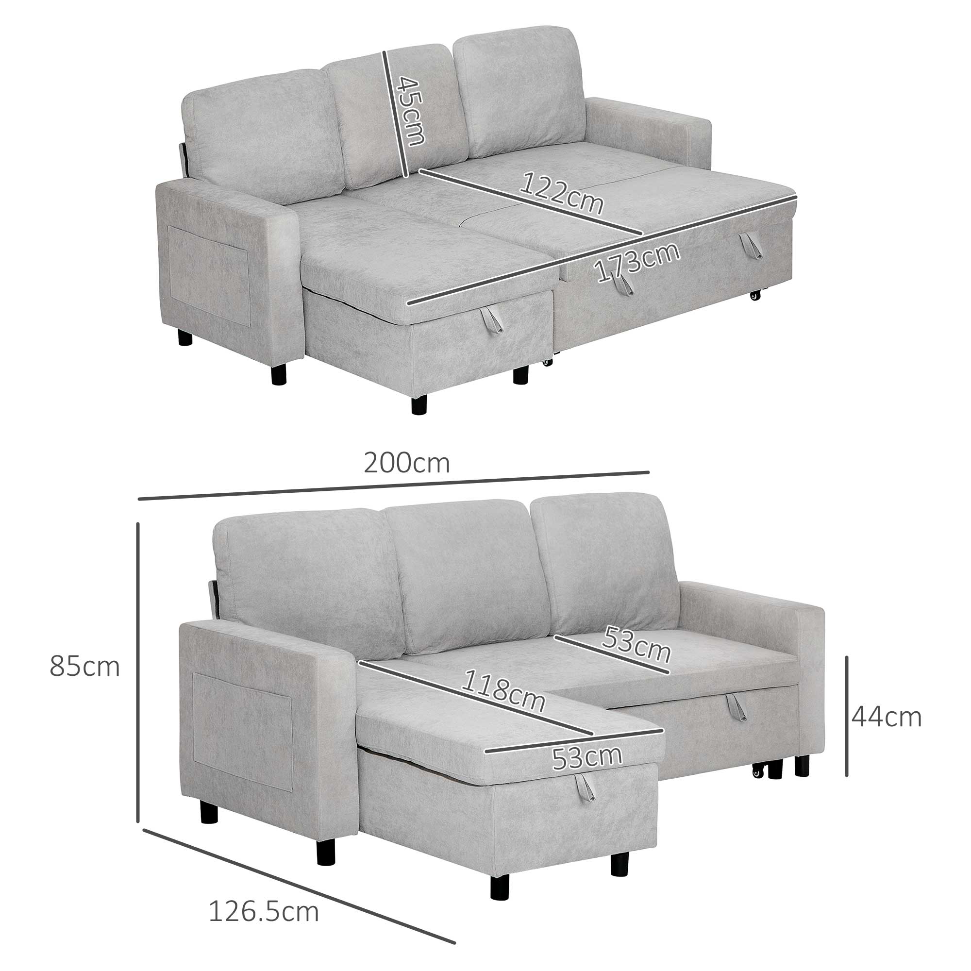 L Sofa Bed, with Storage - Light Grey