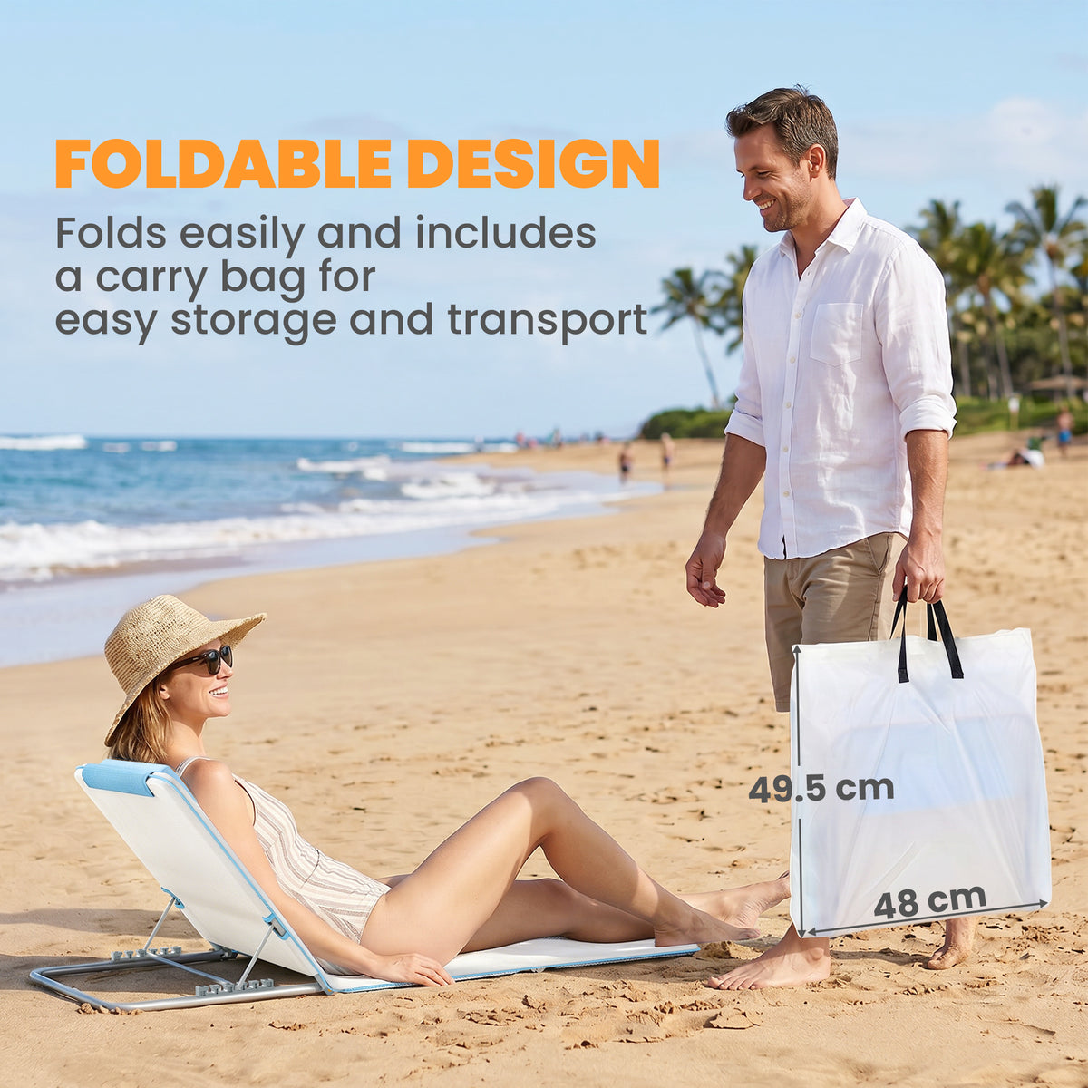 Set of 2 Foldable Garden Beach Chair Mat, Lightweight Outdoor Sun Lounger Seats with Adjustable Back, Metal Frame, PE Fabric Head Pillow and Carry Bag, Cream White