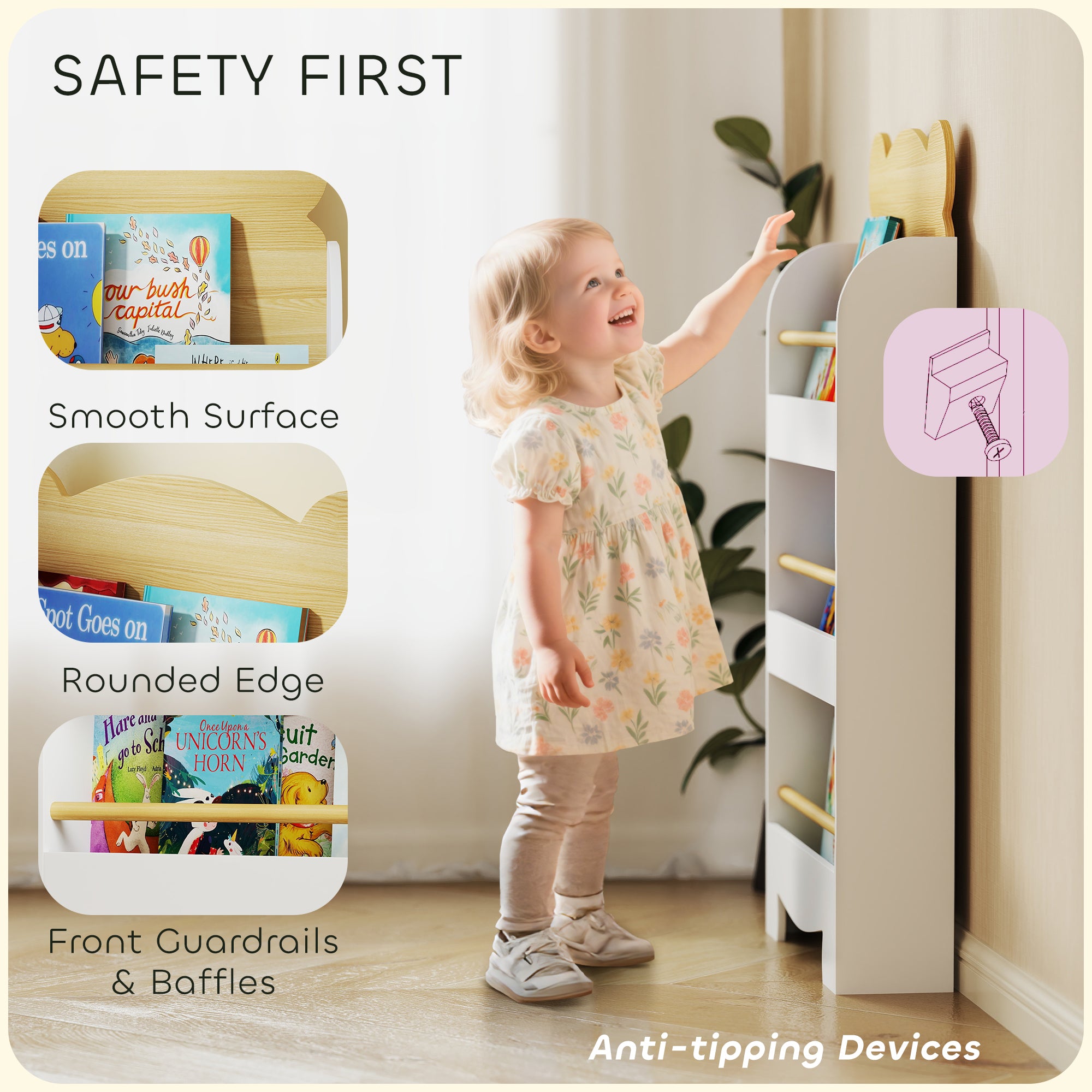 Kids Bookshelf, 3 Tier Children Bookcase, Bear Theme Toddler Space-Saving Bookcase for Living Room, White