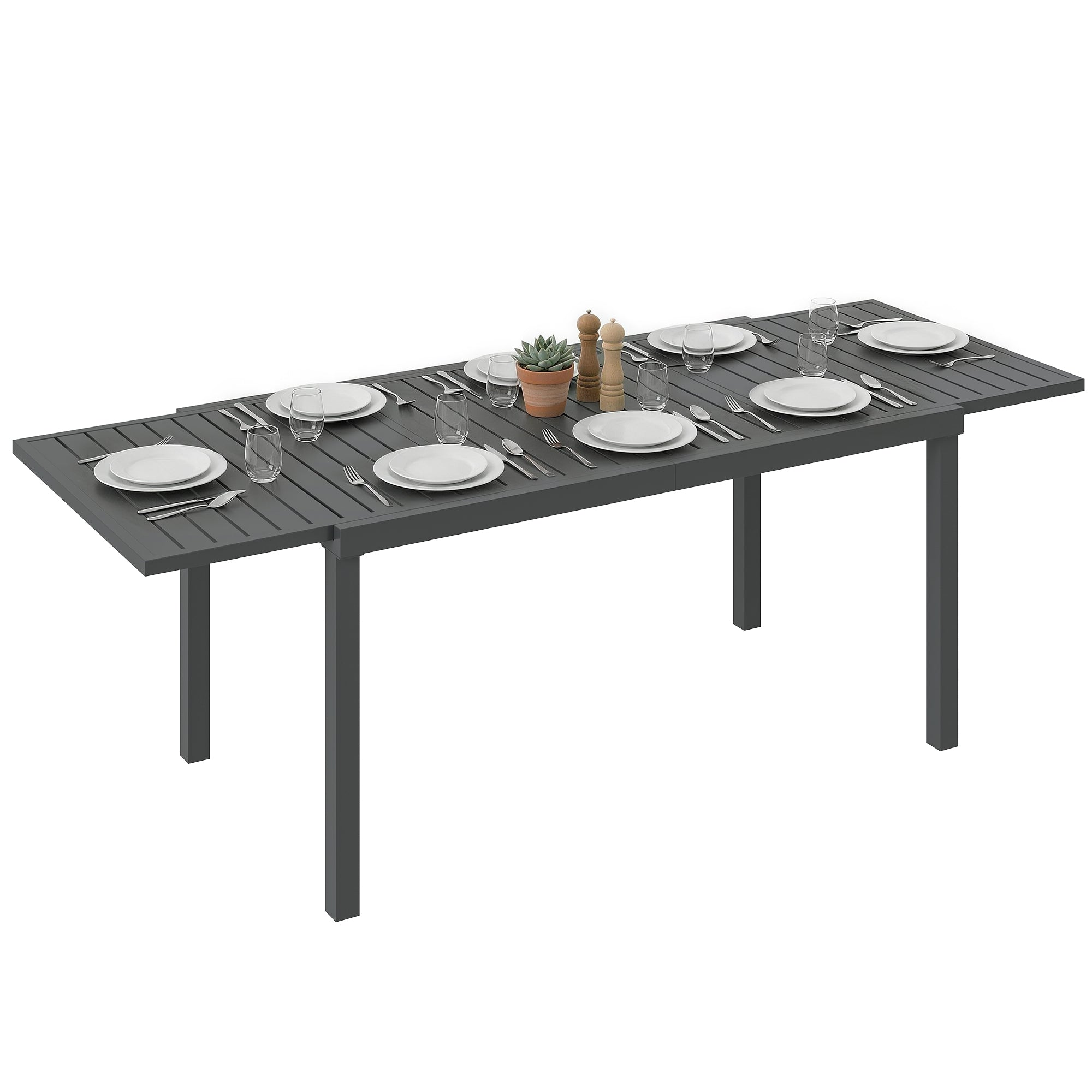 Extending Garden Table for 6-8 People, Full Aluminium Outdoor Dining Table with Slatted Top, Dark Grey