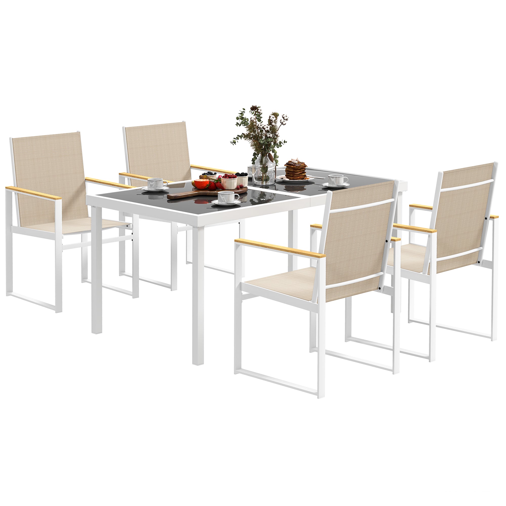 5 Piece Garden Furniture Set with Tempered Glass Table Top - Black