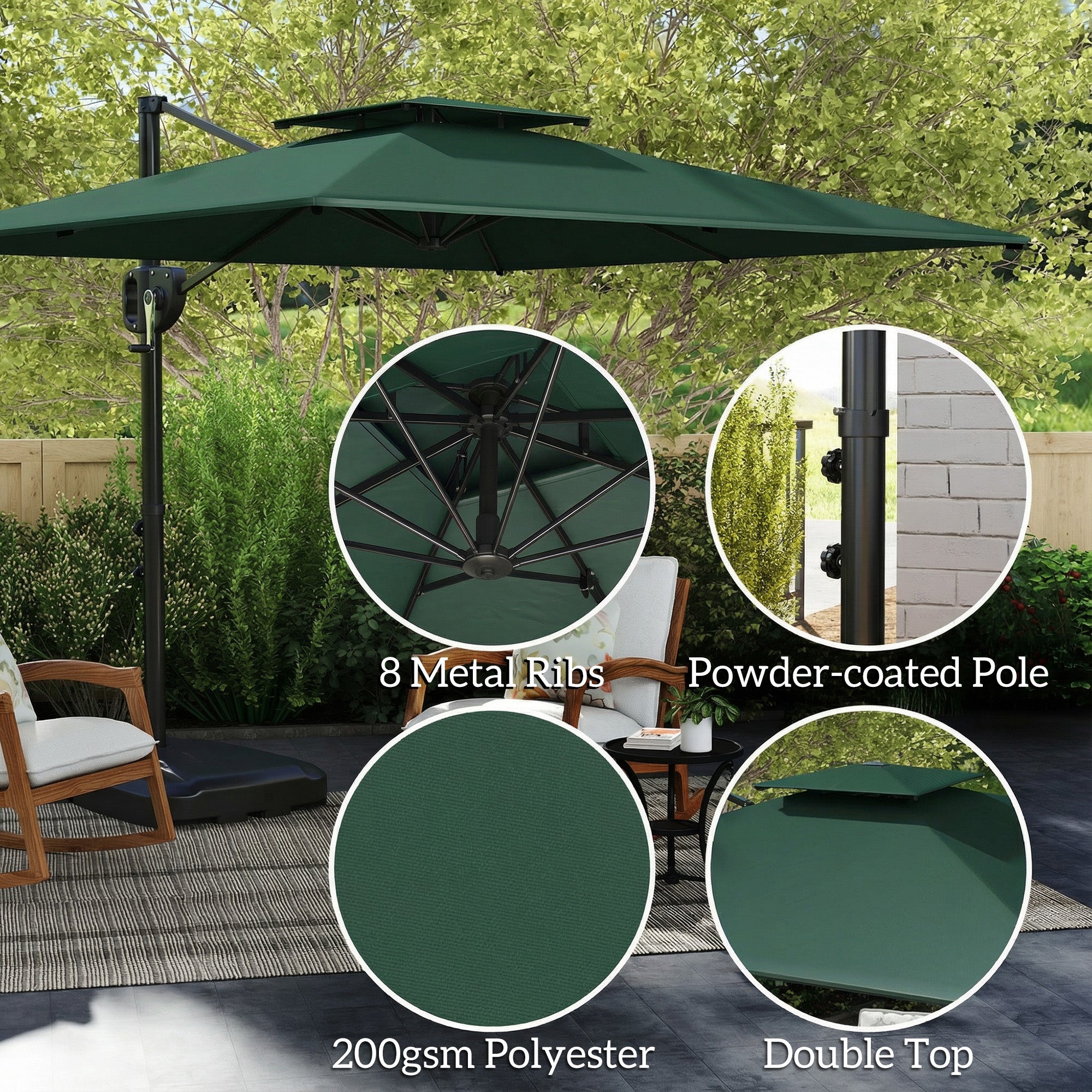 Cantilever Parasol with Weighted Base Double Top Garden Parasol Square Hanging Patio Umbrella with Crank Tilt Dark Green