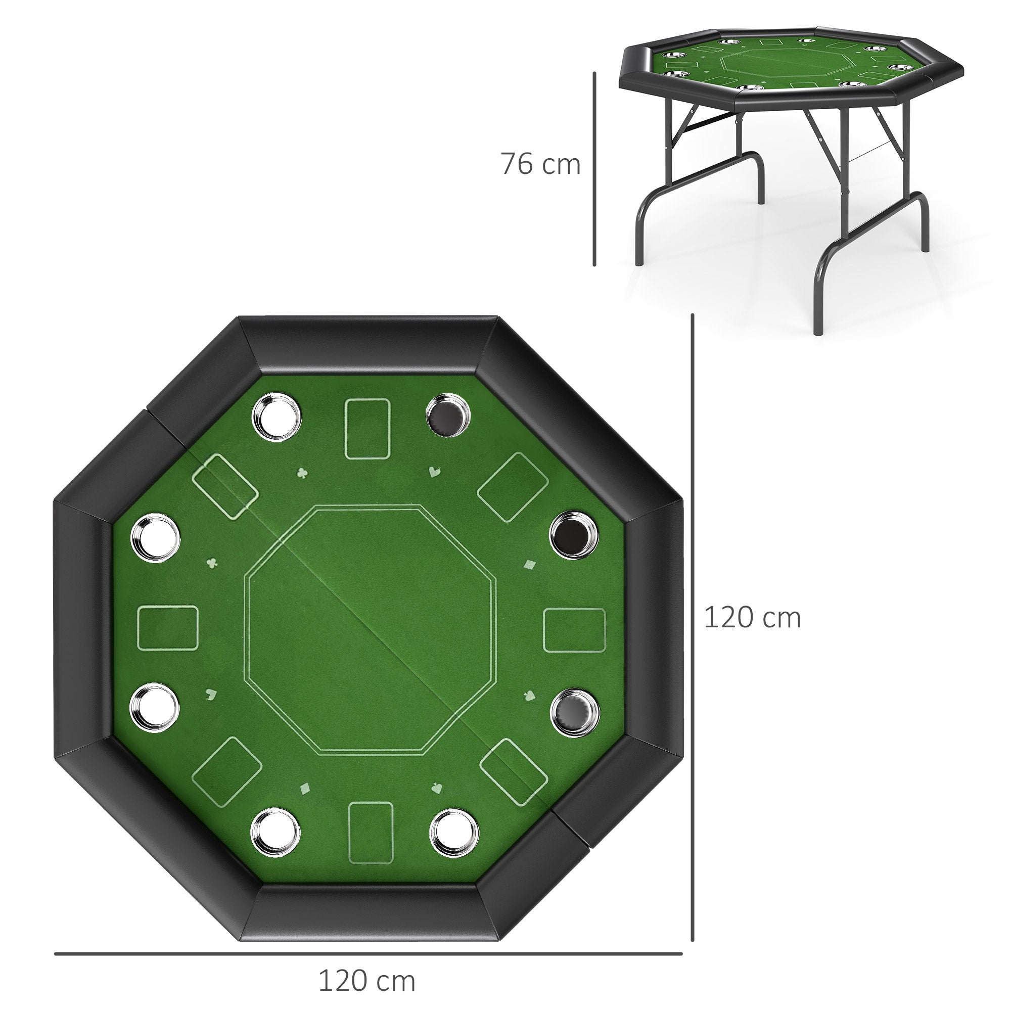 8 Player Folding Octagon Poker Table with Cup Holders and Padded Edge - Green