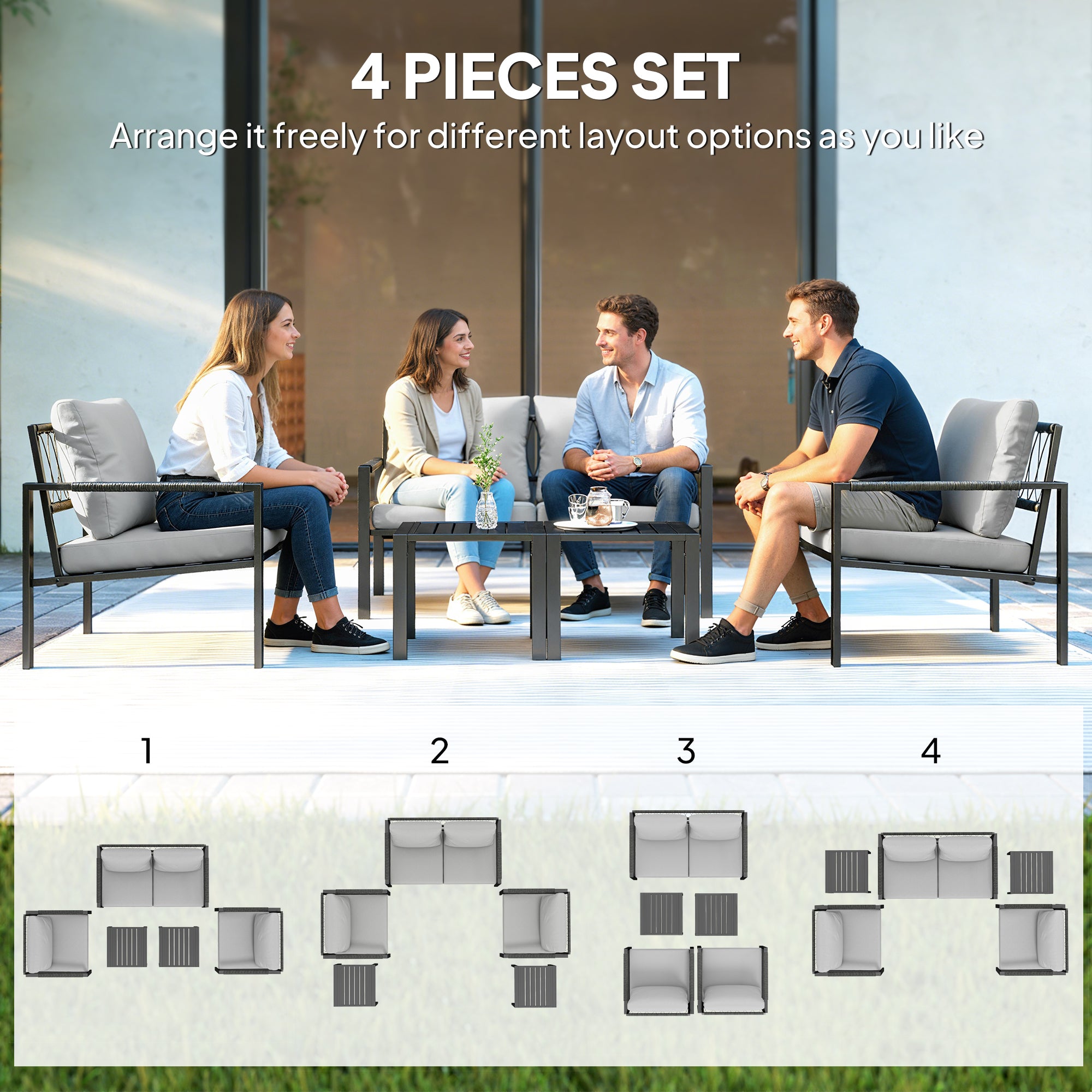 5 Piece Metal Garden Furniture Sofa Set with Thickened Cushions, Loveseat, 2 Armchairs, 2 Coffee Tables, Light Grey