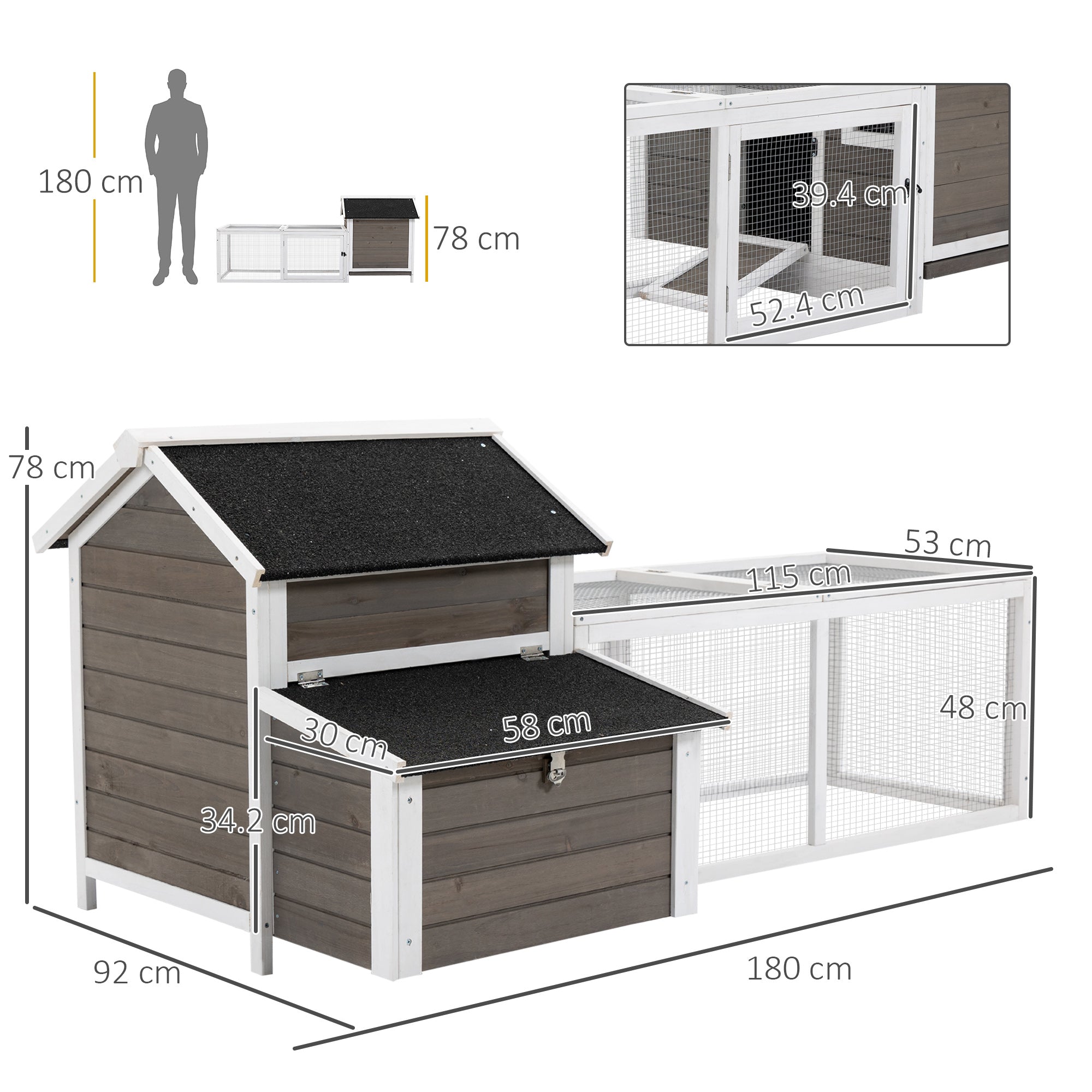 2-Tier Chicken Coop, Wooden Hen House, Poultry Habitat Outdoor Backyard with Removable Tray, Nesting Box, Outside Run, Ramp, 180L x 92W x 78H