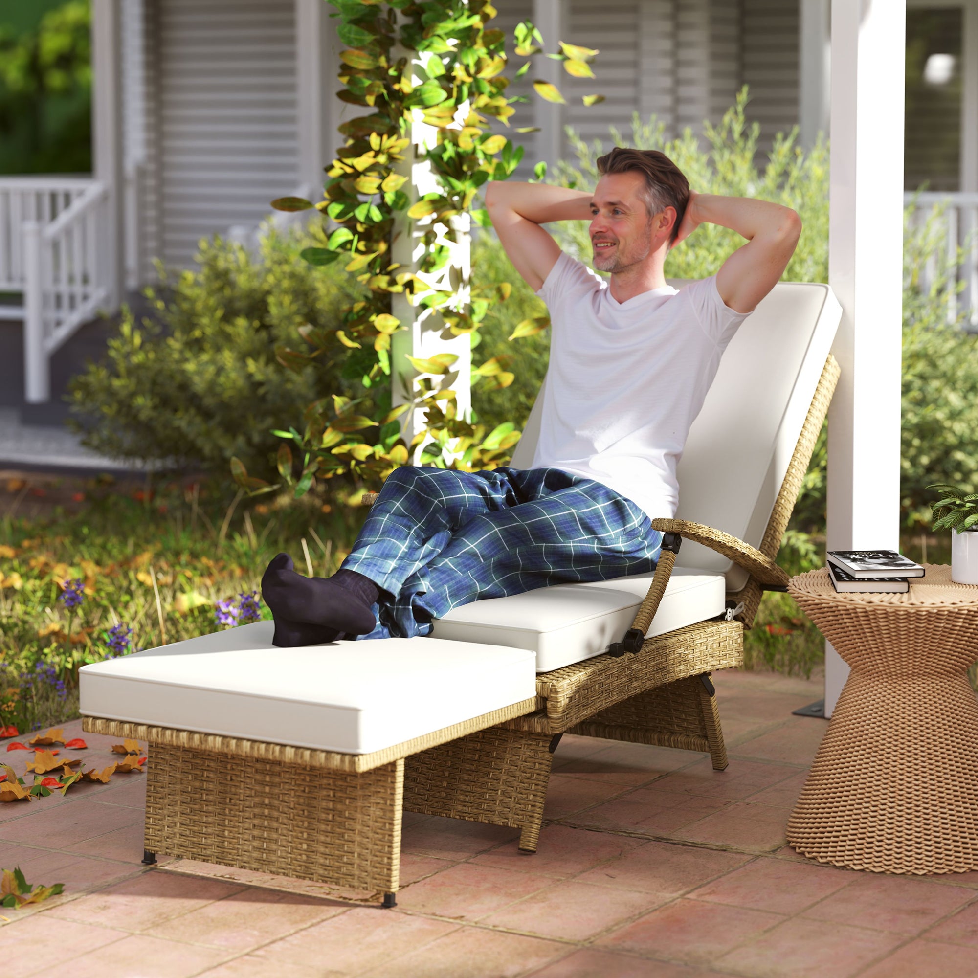 80 Degree Reclining Rattan Lounger With Adjustable Backrest - White Beige