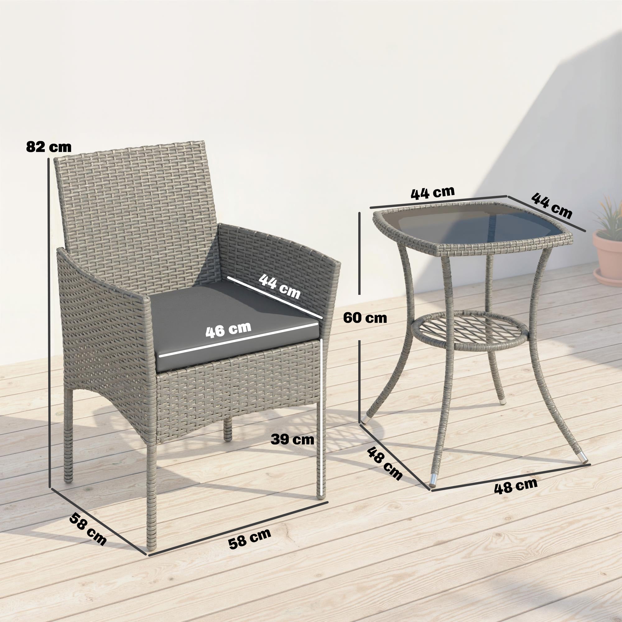 3 Piece Rattan Bistro Set, PE Wicker Garden Furniture Conversation Set with 2 Tier Glass-Top Table, Chairs, Dark Grey