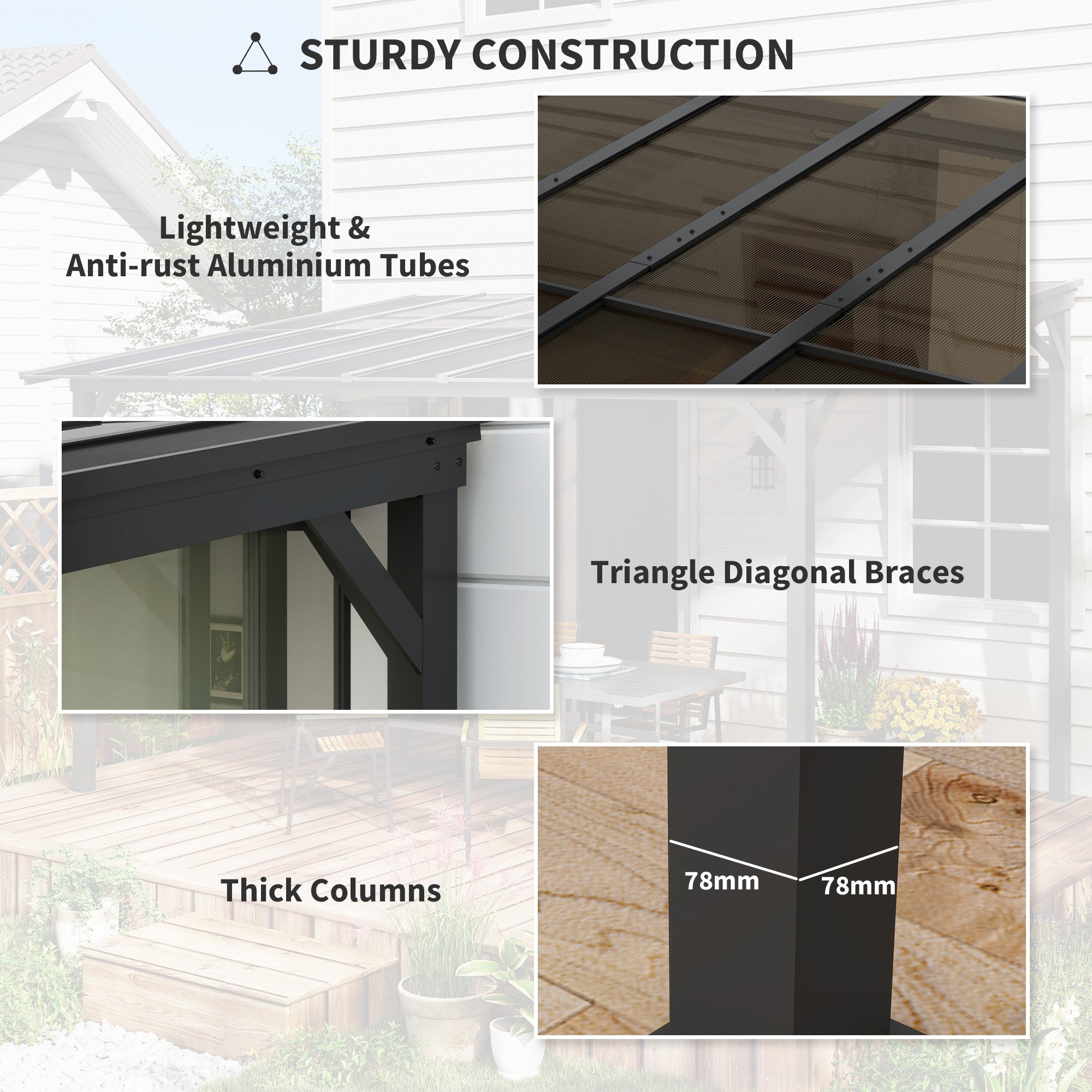 3 x 3(m) Metal Pergola with UPF 50+ and Waterproof Polycarbonate Roof, Wall-Mounted or Free Standing Garden Gazebo, Wind-resistant Outdoor Sun Shade, Dark Grey