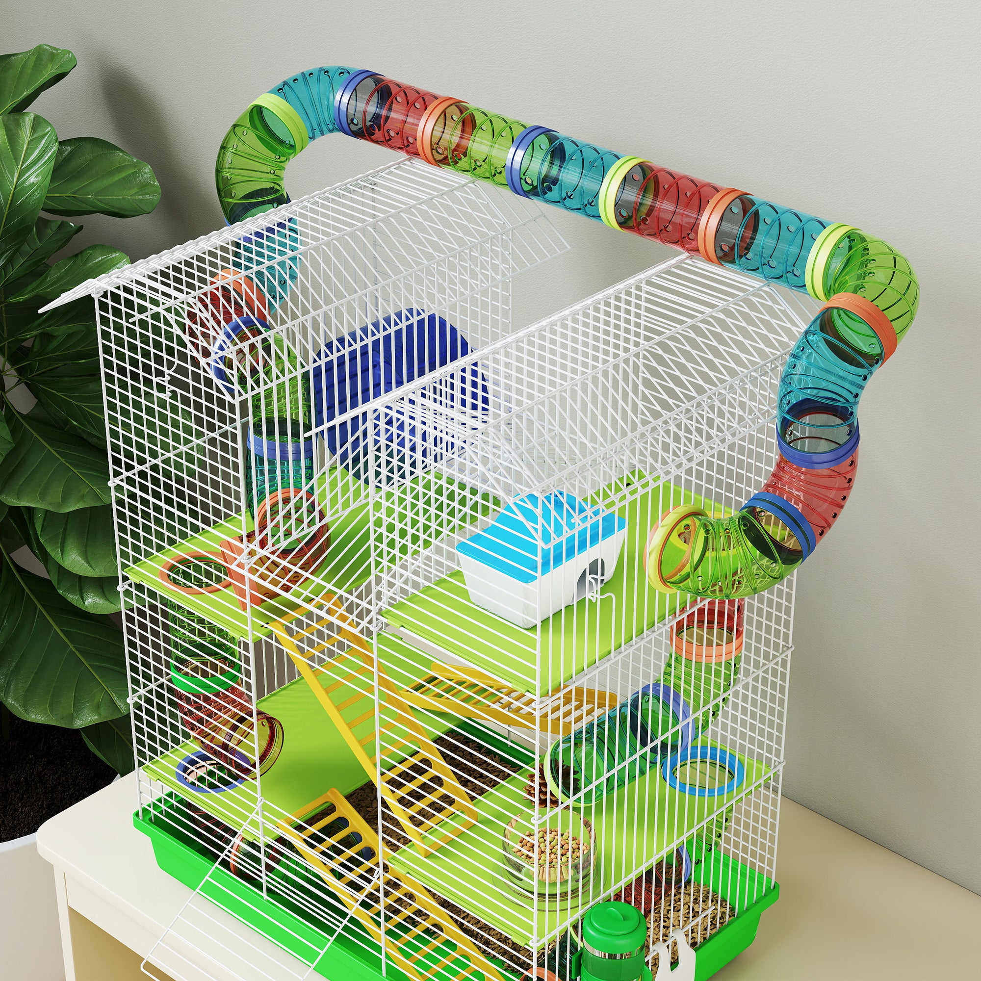 Hamster Cage, 5 Tier Carrier Habitat with Exercise Wheels Tunnel Tube Water Bottle Dishes House Ladder, Gerbil Cage for Dwarf Mice, Green