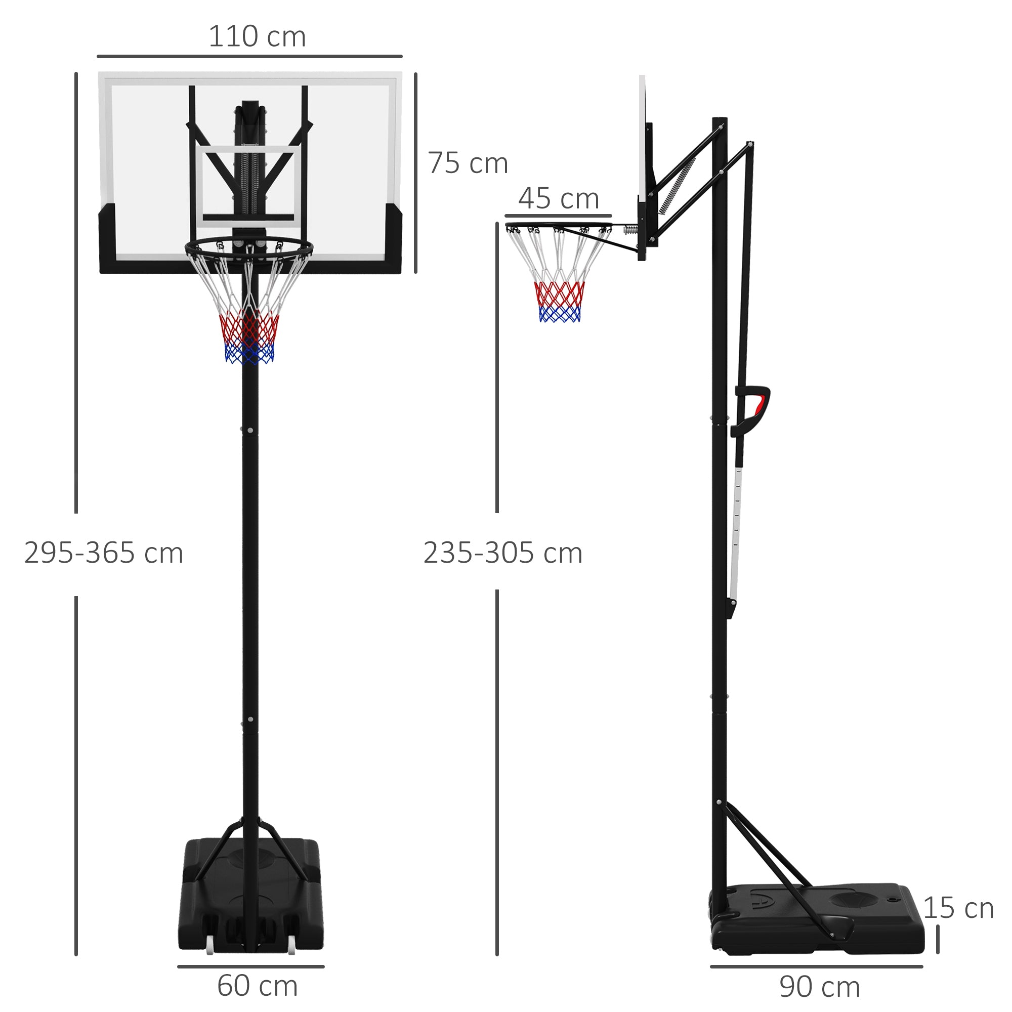 Six-Level Height Adjustable Freestanding Basketball Hoop and Stand with Wheels, 2.35-3.05m