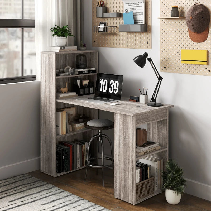 120cm Modern Computer Desk Bookshelf Study Table Workstation PC Laptop Writing Home Office 6 Shelves, Grey Wood-Effect